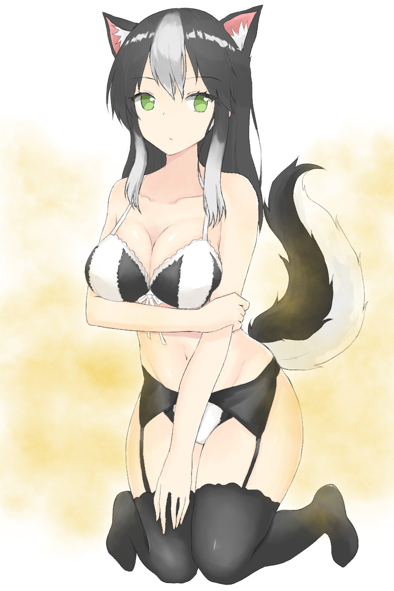 artist request, bra, breasts, fart, fart cloud, fart fetish, female, green eyes, multicolored hair, skunk, skunk girl, small breasts, thighhighs