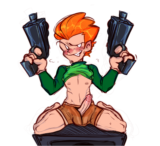 1boy blush brown_pants brown_shorts friday_night_funkin ginger ginger_hair gun male_only penis pico_(newgrounds) red_hair shirt_up smoky_payton solo_male tagme weapon