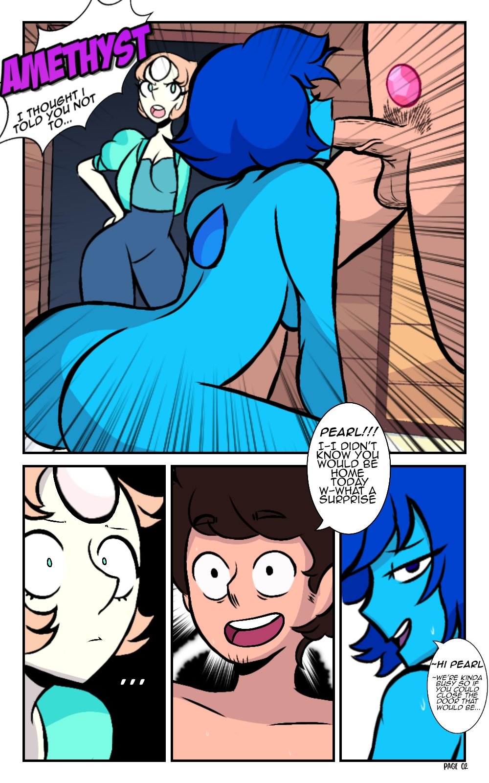 1boy, 2girls, ass, big ass, blowjob, blue hair, blue skin, cartoon network, caught, caught in the act, closed eyes, comic, coombrain15, dialogue, fellatio, female, female focus, gem (species), lapis lazuli (steven universe), male, nude, open mouth, oral, pearl (steven universe), penis, short hair, smile, solo focus, speech bubble, steven quartz universe, steven universe, straight, text