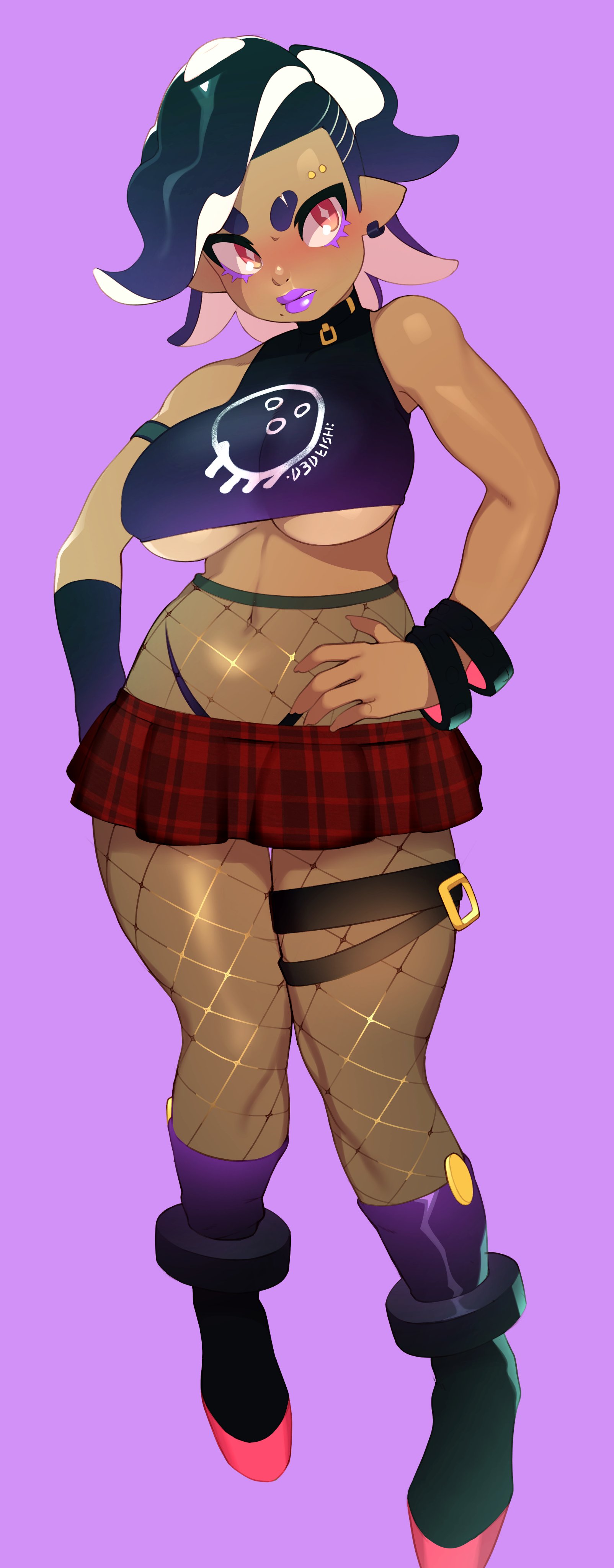 1girls, absurd res, blue hair, boots, bracelet, breasts, clothing, combos-n-doodles, dark skin, dark-skinned female, female, female only, fishnet pantyhose, fishnets, goth, high heel boots, high heels, leg belt, looking at viewer, makeup, nintendo, octoling, octoling girl, pantyhose, platform heels, purple background, purple lipstick, red eyes, short skirt, skirt, solo, solo female, splatoon, splatoon 2, tentacle hair, thick eyebrows, underboob