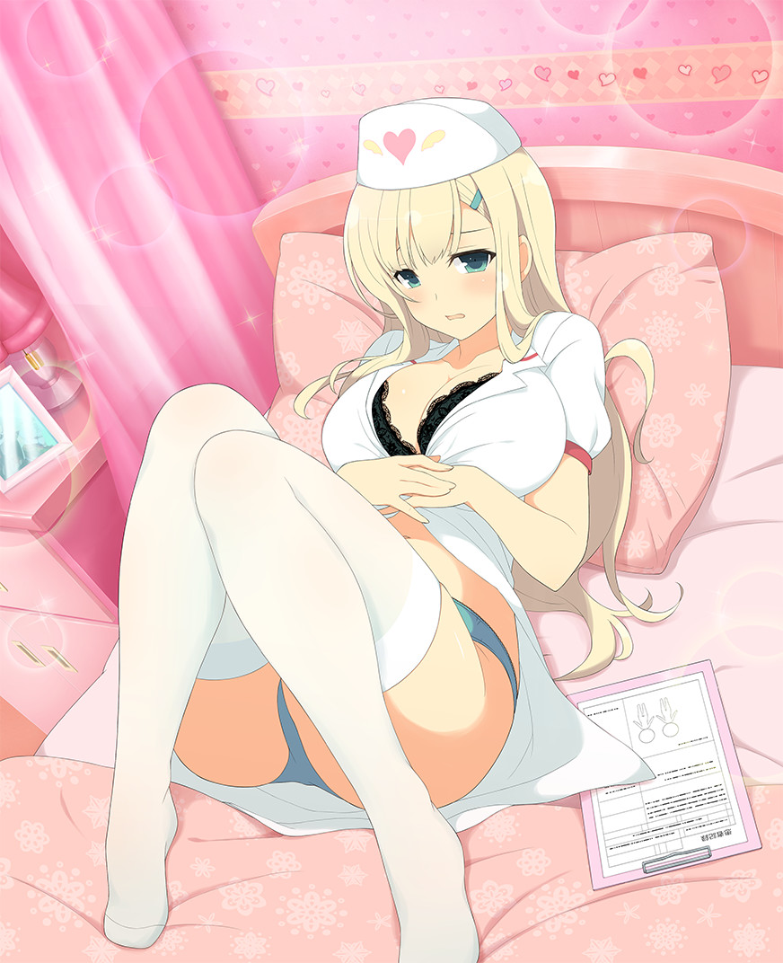 aqua eyes, aqua panties, black bra, blonde hair, blush, bra, bra cups sticking out, breasts, feet, female, hair ornament, hairclip, hat, large breasts, long hair, looking at viewer, lying, navel, no pants, no shoes, nurse, nurse cap, on back, open clothes, open mouth, panties, pillow, senran kagura, solo, thighhighs, underwear, yaegashi nan, yomi (senran kagura)
