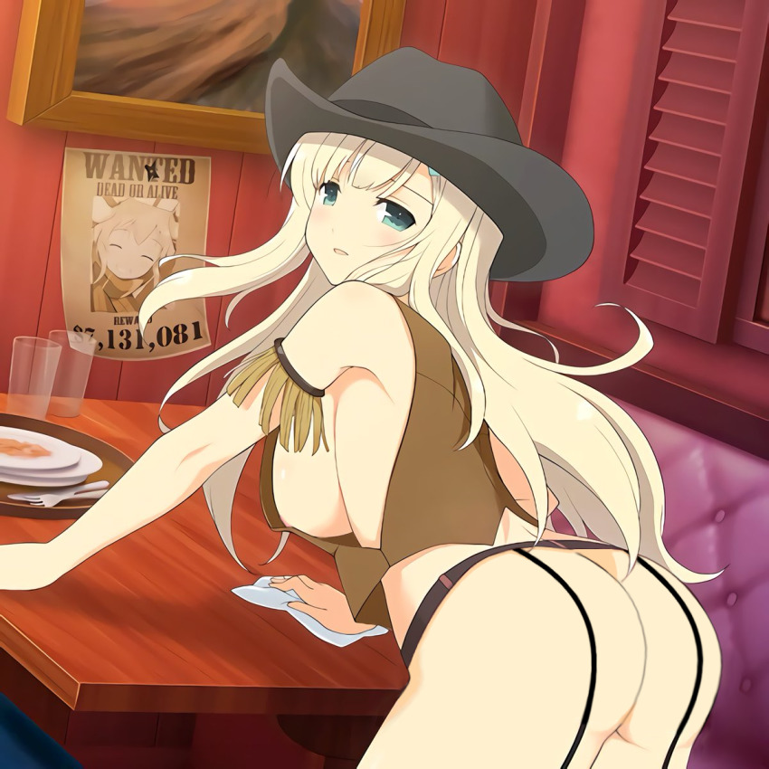 areola slip, areolae, armband, ass, bent over, cowboy hat, garter belt, garter straps, hat, no bra, no panties, senran kagura, yaegashi nan, yomi (senran kagura)