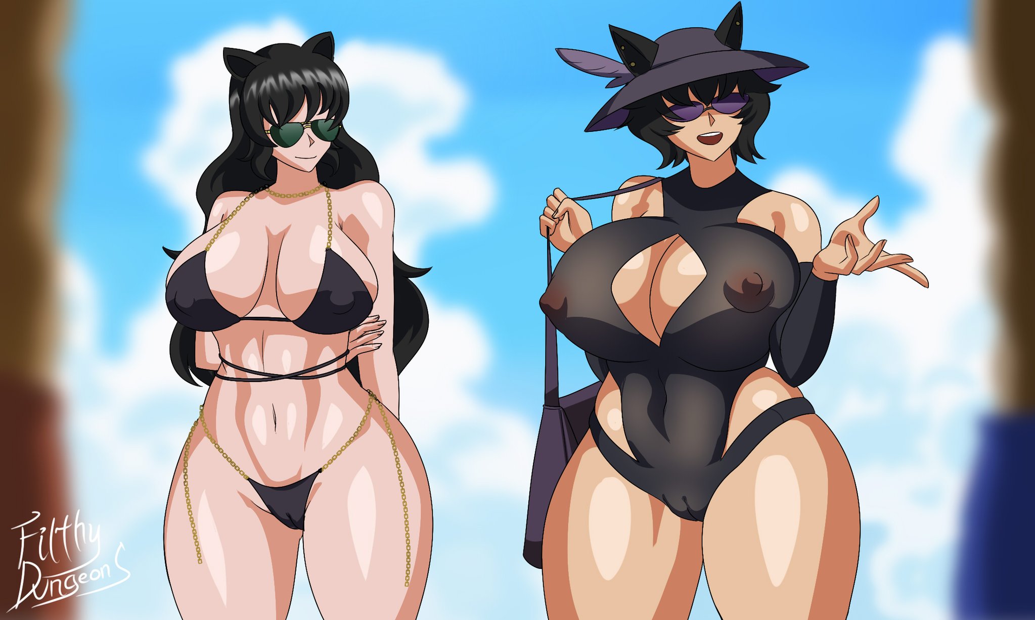 2022, bikini, black bikini, black hair, blake belladonna, boob window, breasts, cat ears, faunus, female, filthydungeons, huge breasts, kali belladonna, large breasts, light skin, long hair, mother, mother and daughter, one-piece swimsuit, rwby, sunglasses, tan skin, thick thighs, tinted eyewear