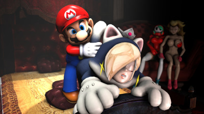 1boy 3d 3d_(artwork) 3girls all_fours bed blonde_hair cat_rosalina cat_suit closed_eyes clothed clothed_male_clothed_female clothed_sex crown duo_focus earrings female holding_tail kihum male male/female male_penetrating male_penetrating_female mario mario_(series) multiple_girls nintendo penetration pleasure_face princess_peach princess_rosalina sex sex_on_bed shy_gal super_mario_3d_world