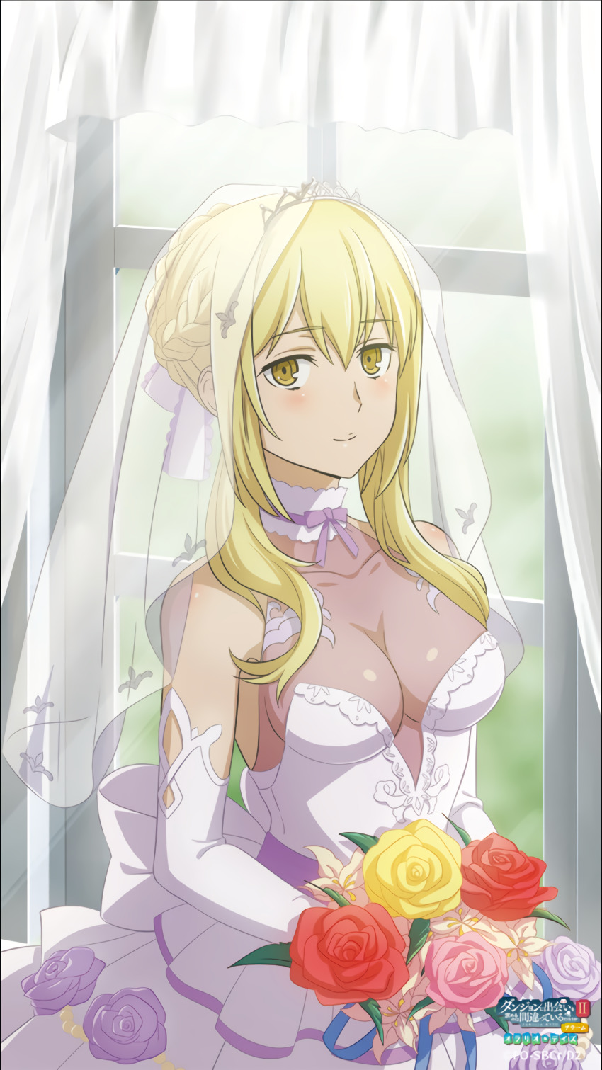 1girls, aiz wallenstein, blonde hair, blush, breasts, dress, dungeon ni deai wo motomeru no wa machigatteiru darou ka, female, female only, flower, gloves, headdress, long hair, looking at viewer, smile, solo, veil, wedding dress, white gloves, window, yellow eyes