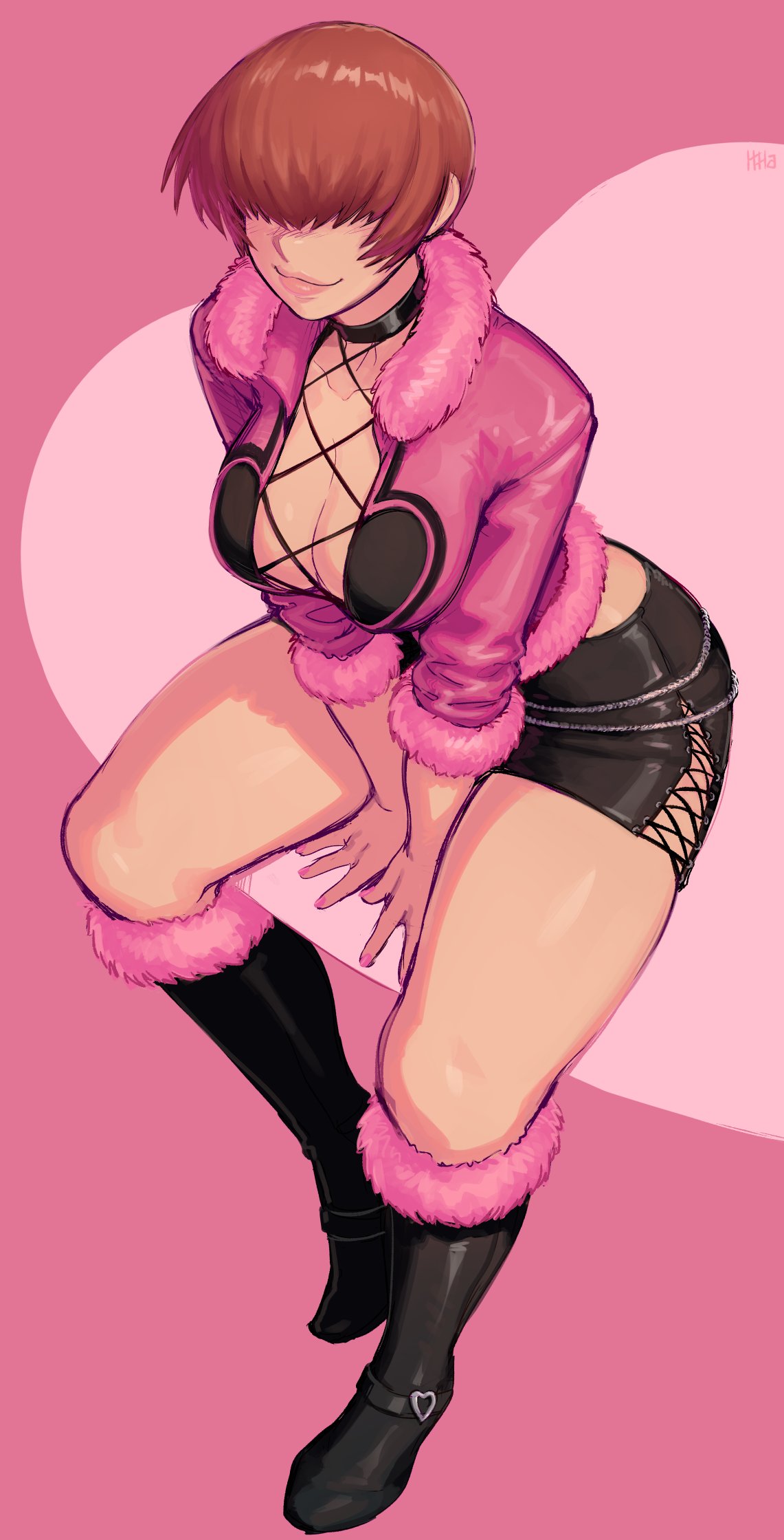 1girls, boots, choker, clothing, female, female only, hair between eyes, hair over eyes, hi res, ittla, king of fighters, leaning forward, medium hair, red hair, shermie (kof), shorts, smiling, snk, solo, solo female, thick thighs