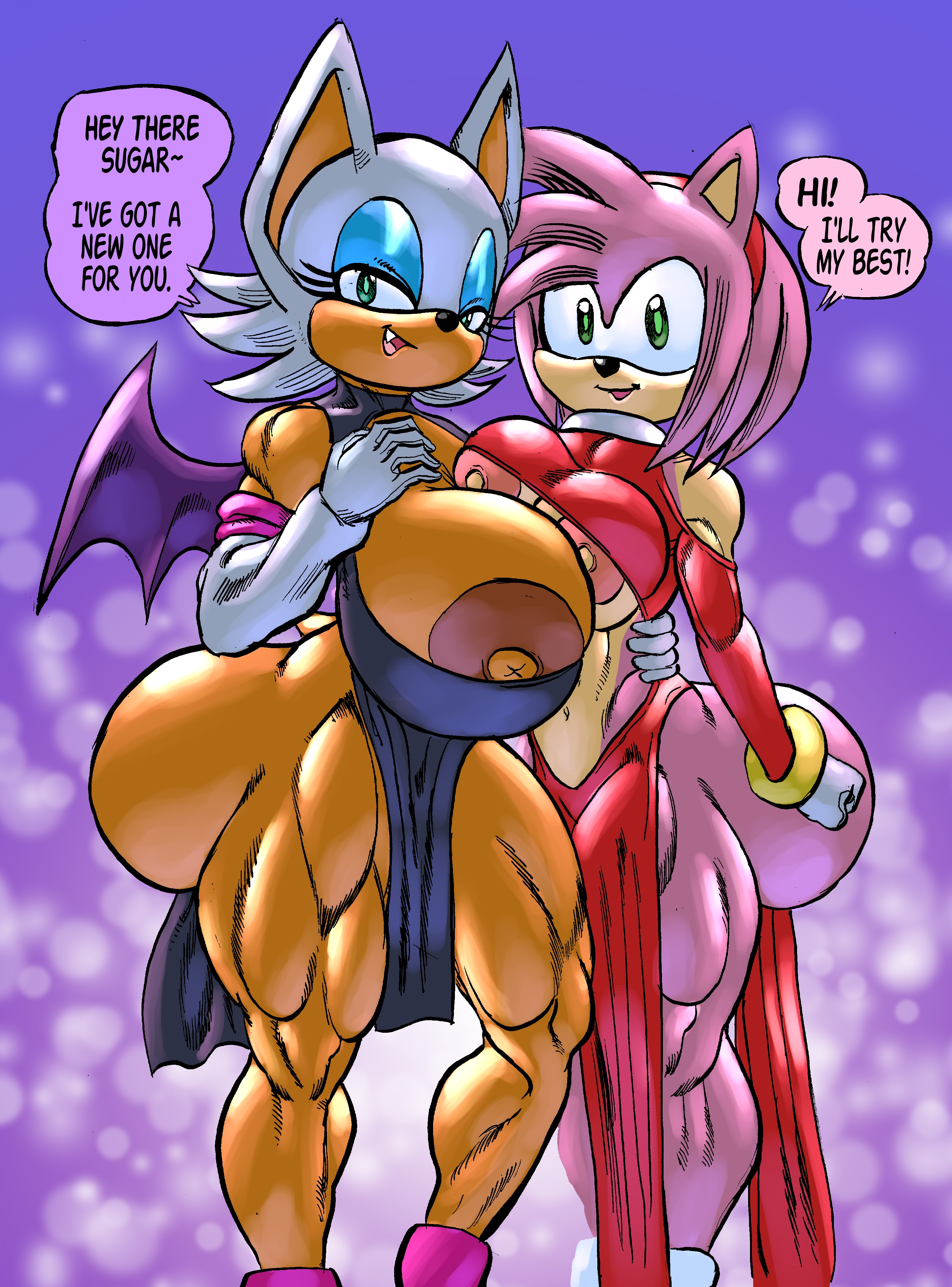 2girls, amy rose, ass, bat, big ass, big breasts, breasts, dialogue, dress, female, female only, furry, goudadunn, hedgehog, hi res, highres, huge ass, huge breasts, large ass, large breasts, muscular, muscular female, muscular thighs, rouge the bat, sonic (series), talking to viewer