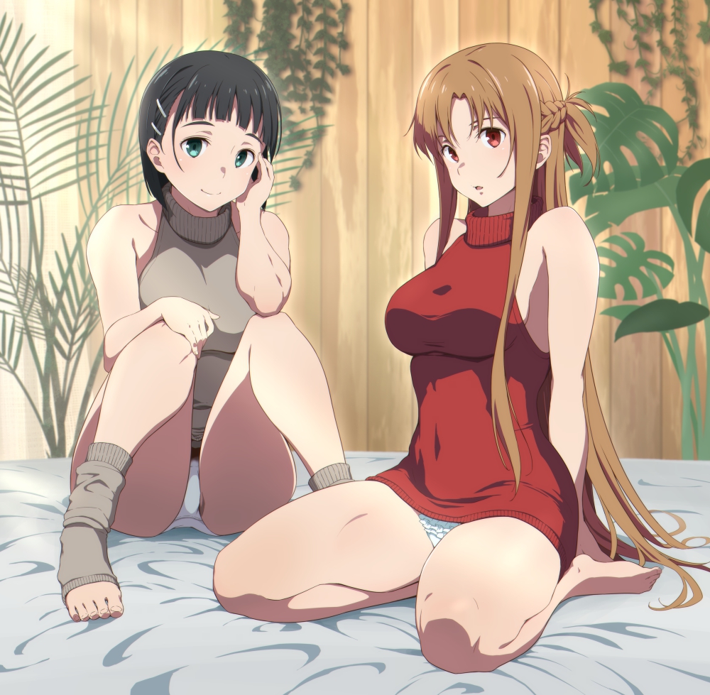 female, kirigaya suguha, panties, puge, red sweater, sweater, sword art online, turtleneck sweater, white panties, yuuki asuna