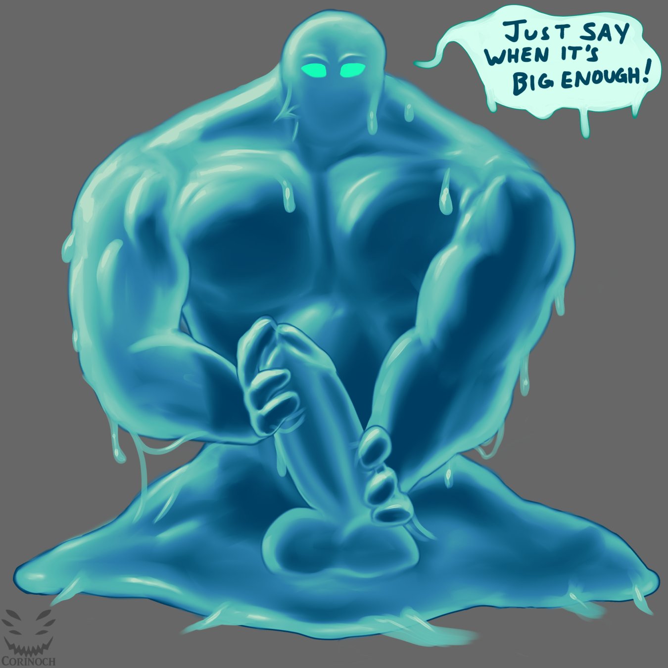 bara blue_skin corinoch goo goo_creature hand_on_penis holding_penis huge_balls huge_cock huge_penis hyper hyper_balls hyper_genitalia hyper_penis hyper_testicles male male_focus male_only muscle muscles precum precum_drip smile smiling smiling_at_viewer touching_penis