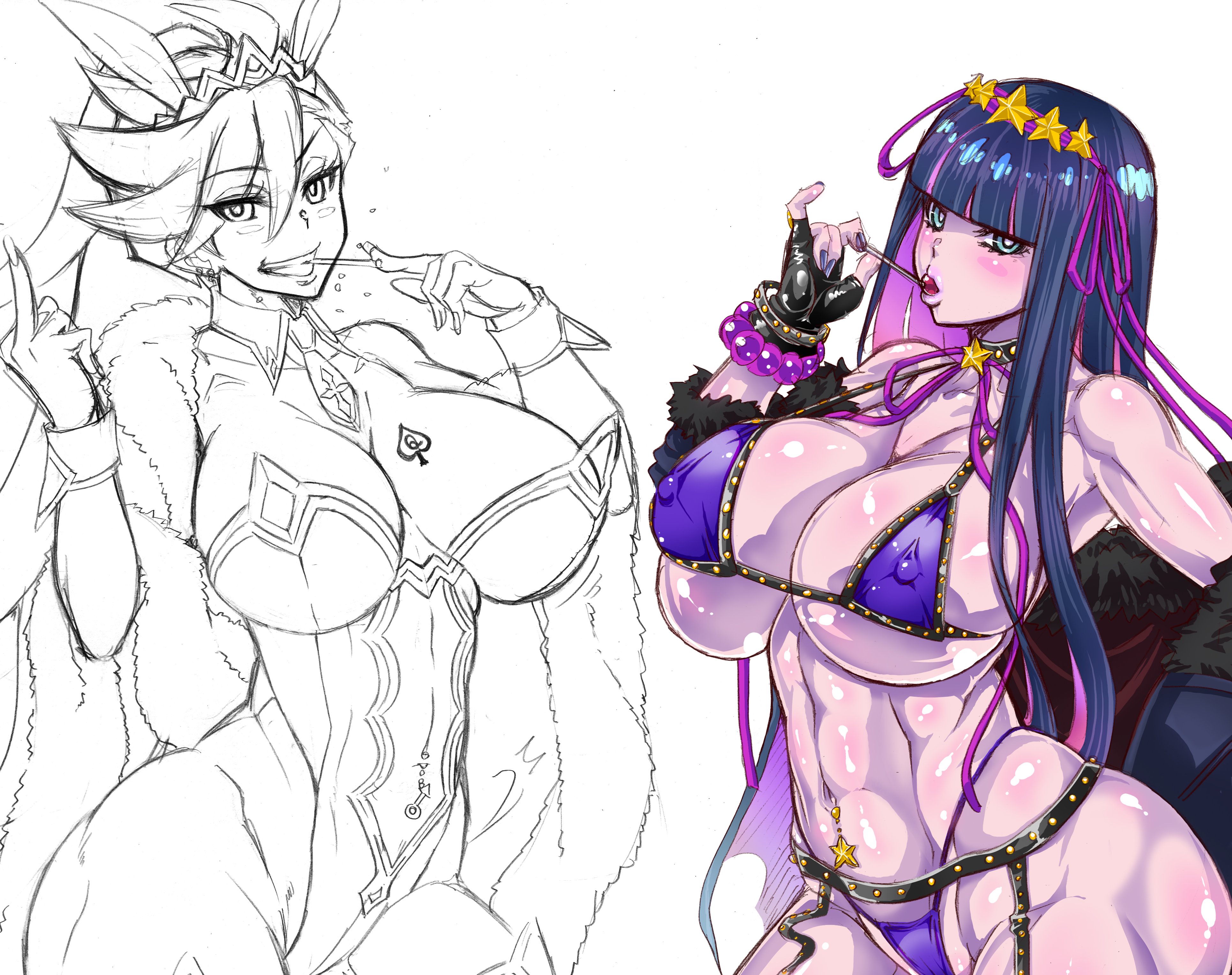 2girls, abs, ahoge, ando hiroyuki, animal ears, areola, armpits, artist name, artoria pendragon, artoria pendragon (cosplay), artoria pendragon (swimsuit ruler) (cosplay), ass, bad id, bangs, bare shoulders, bb (fate), bb (fate) (cosplay), bb (swimsuit mooncancer), bb (swimsuit mooncancer) (cosplay), big ass, big breasts, big muscles, big nipples, bikini, black gloves, blue eyes, blue legwear, blue neckwear, blush, bracelet, braid, breasts, bunny ears, bunny girl, cleavage, clothing cutout, colored, cosplay, curvy, dead source, detached collar, erect nipples, fake animal ears, fate (series), fate/grand order, feather boa, female, female only, fingerless gloves, fishnet legwear, fishnet thighhighs, fishnets, french braid, gloves, hair between eyes, hair ornament, high resolution, highleg, highleg leotard, hime cut, huge breasts, large breasts, leotard, lolipop, lollipop, long hair, looking at viewer, middle finger, monochrome, muscles, muscular, muscular female, muscular thighs, navel, navel cutout, necktie, nipple bulge, nipples, pale skin, panty & stocking with garterbelt, panty anarchy, partially visible vulva, playboy bunny, ponytail, purple hair, purple nails, purple skin, pussy, queen of spades, shiny skin, sideboob, sidelocks, simple background, sketch, smile, solo, spade, stocking anarchy, tattoo, thick hips, thick thighs, thighhighs, thighs, tiara, tied hair, underboob, very high resolution, very long hair, voluptuous, white leotard, wrist cuffs