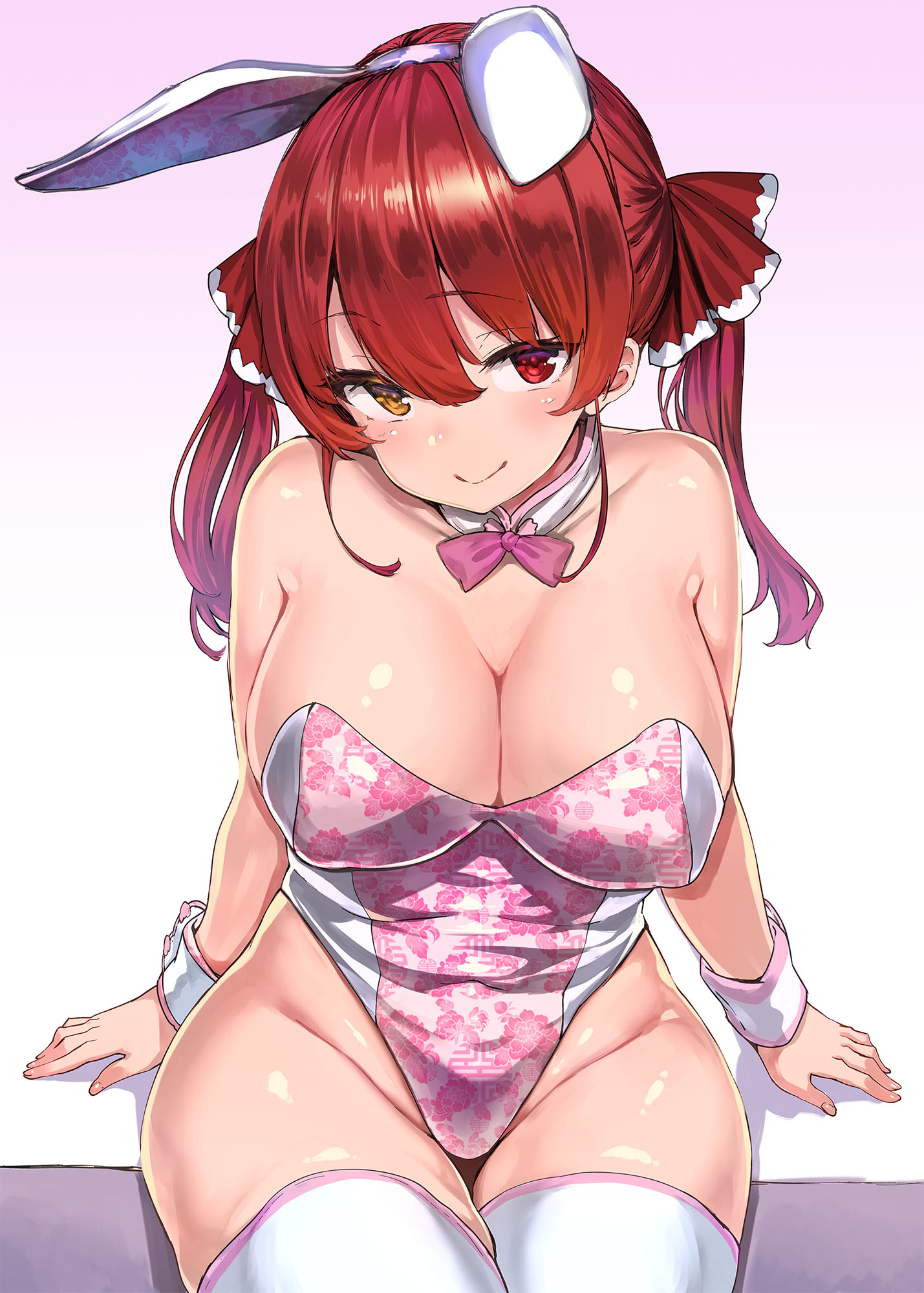 bare shoulders, big breasts, bow, breasts, bunny costume, bunny ears, bunnysuit, cleavage, eyebrows visible through hair, eyelashes, fake animal ears, female, female focus, female only, gradient background, heterochromia, hololive, hololive fantasy, hololive japan, houshou marine, human, large breasts, latex clothing, latex legwear, latex suit, legwear, leotard, looking at viewer, red eye, shiny skin, shiokonbu, simple background, sitting, solo, solo female, solo focus, thick thighs, thighs, virtual youtuber, white legwear, yellow eyes