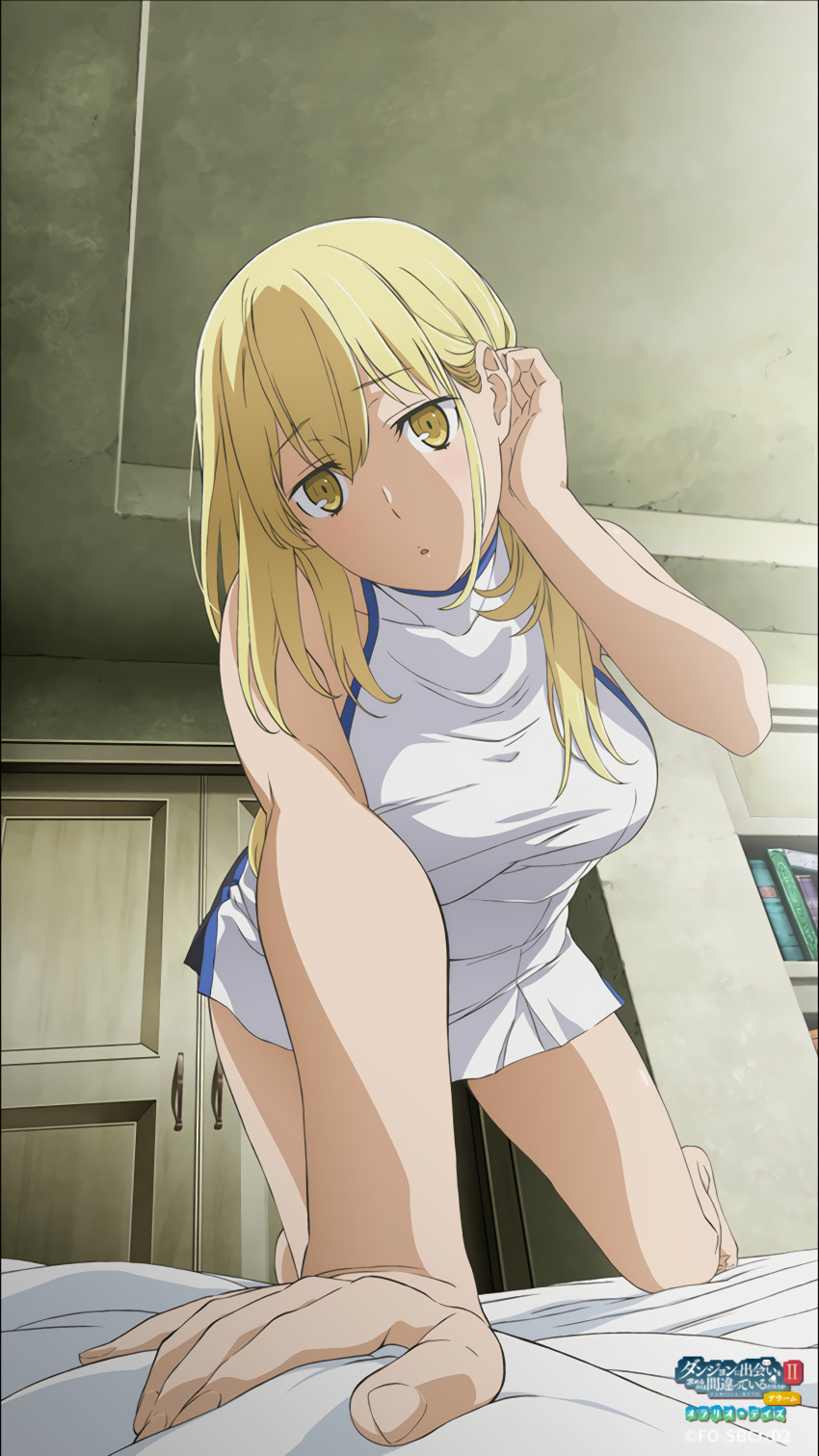 1girls, 5 fingers, aiz wallenstein, arm support, bangs, barefoot, bed, bedroom, blonde, blonde hair, breasts, clothed, clothing, colored, detailed background, dress, dungeon ni deai wo motomeru no wa machigatteiru darou ka, eyebrows visible through hair, eyelashes, eyelashes visible through hair, female, female focus, female only, hair between eyes, hi res, highres, indoors, large breasts, light skin, light-skinned female, lips, long hair, looking at viewer, on all fours, open mouth, pale skin, pale-skinned female, pov, pov eye contact, sidelocks, solo, solo female, solo focus, yellow eyes