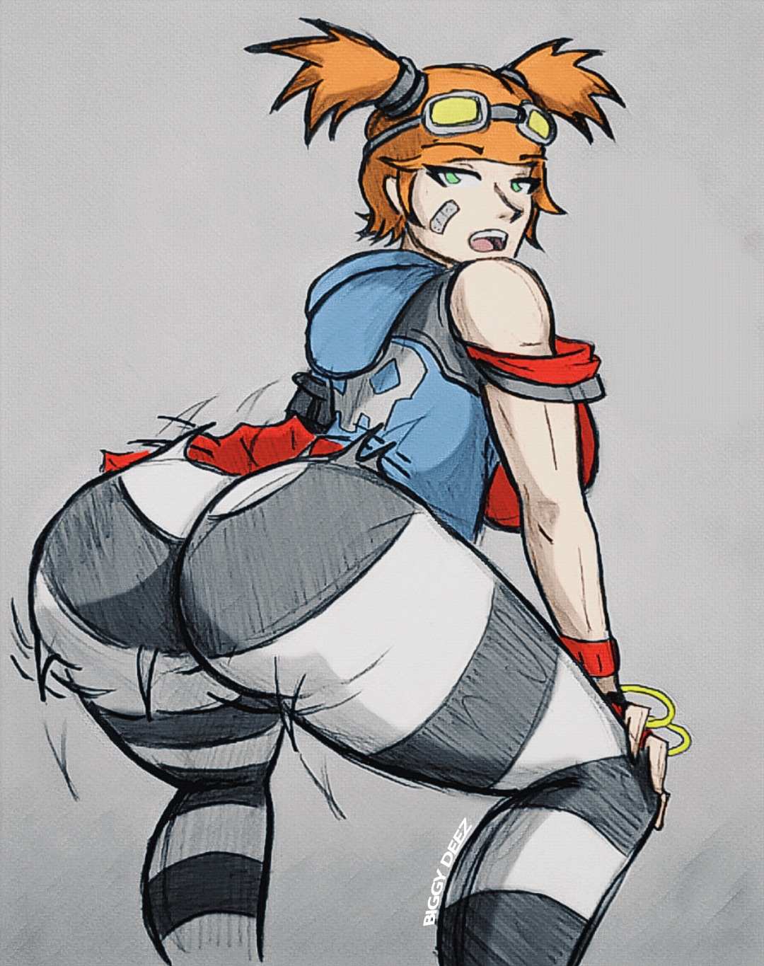 1girls, 2d, ass, big ass, biggy deez, borderlands, borderlands 2, bouncing ass, cybernetic arm, fat ass, female, female only, gaige (borderlands), gearbox software, ginger, ginger hair, goggles, goggles on head, green eyes, hands on knees, hands on legs, jacket, looking at viewer, looking back, orange hair, robotic arm, sleeveless jacket, solo, solo female, striped legwear, thick, tight clothing, tights, traditional media (artwork), twerking, twintails, white female