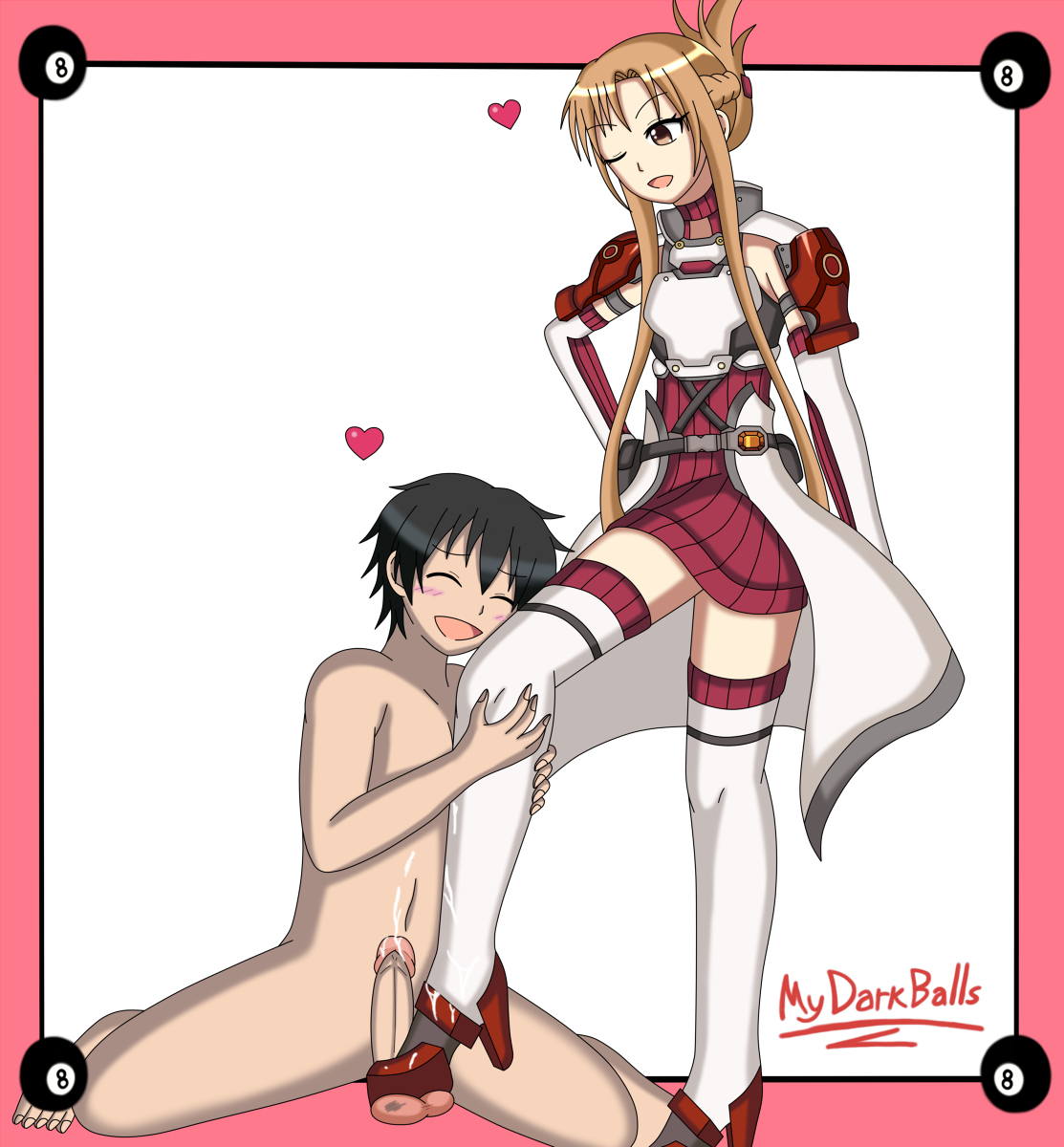 ballbusting, boot fetish, bootjob, boots, brown hair, erect penis, erection, female, femdom, footjob, gentle femdom, high heel boots, high heels, hugging legs, kirigaya kazuto, long hair, male, mydarkballs, penis, romantic couple, shoejob, stepping on penis, sword art online, thigh boots, thighhigh boots, yuuki asuna