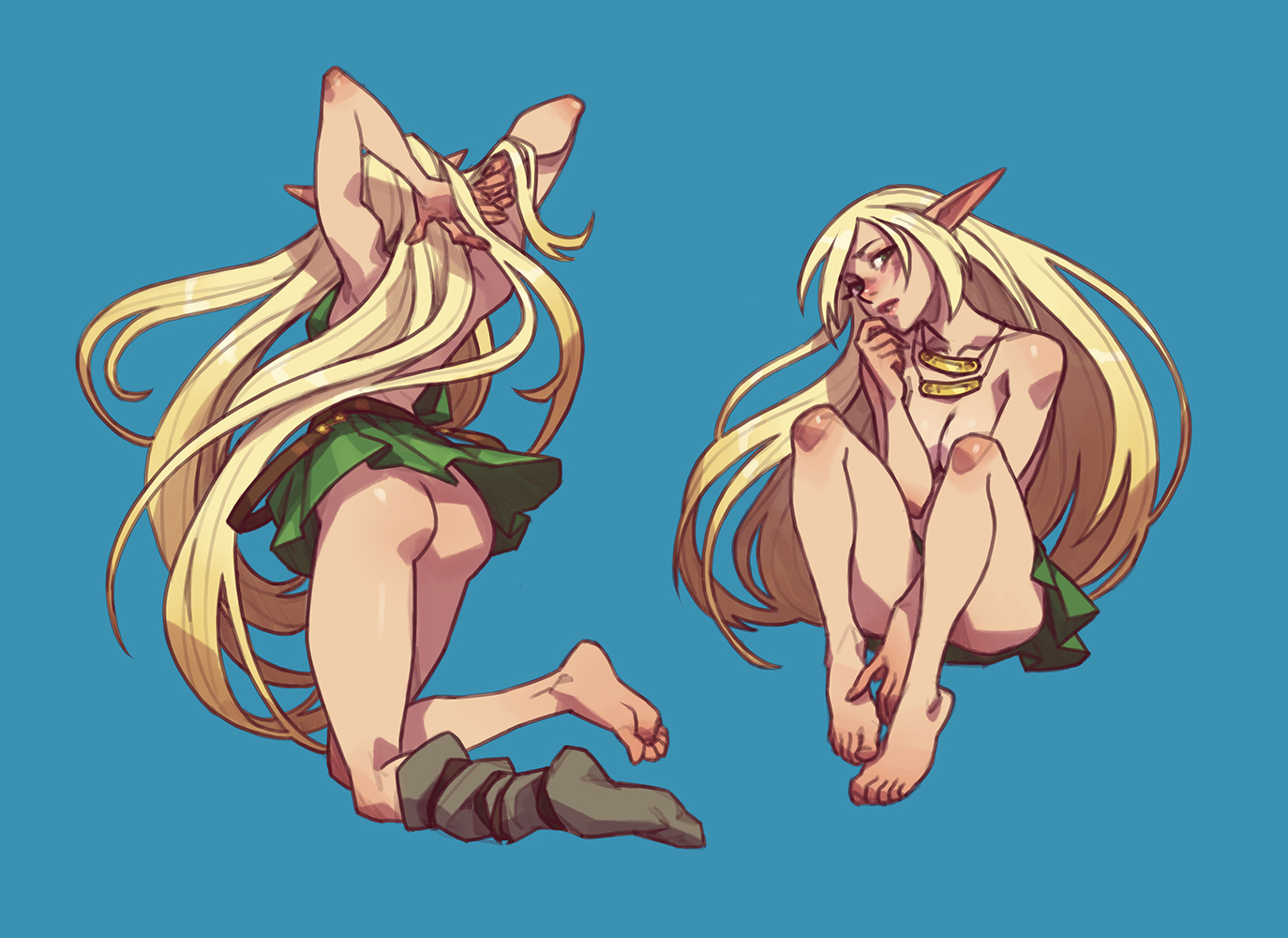 1girls, 2021, ass, barefoot, blonde hair, blue background, breasts, clothing, curvaceous, deedlit, dress, elf, elf ears, female, female only, hi res, humanoid, jewelry, large breasts, light skin, light-skinned female, long hair, melonpan, pale skin, pale-skinned female, pointy ears, record of lodoss war, solo, solo female