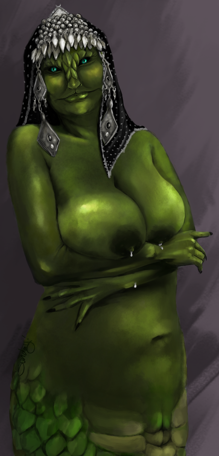 blue_eyes furry green_scales green_skin headdress huge_areolae huge_breasts lactating lactating_nipples lactation lactation_without_stimulation lamia large_breasts milf monster_girl naga scales snake snake_girl sunday sundaynoches