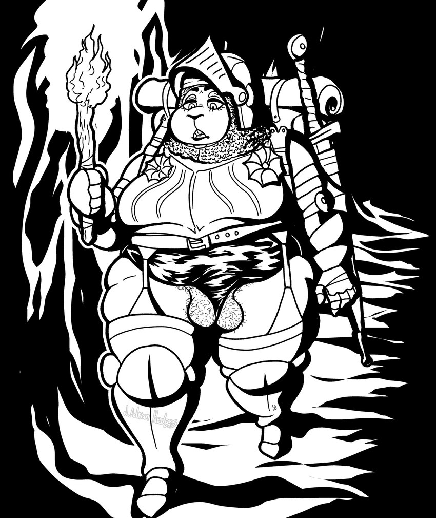 1futa 2021 absurd_res accessory anthro armor backpack balls balls_through_leghole belt big_balls black_and_white boots bottomwear bracers breasts buckteeth chainmail clothed clothing digital_drawing_(artwork) digital_media_(artwork) eyebrows eyelashes fingers fire footwear futanari garter garter_belt garter_belt_leggings garter_straps genitals gynomorph hairy hairy_balls headgear helmet hi_res holding_object holster humanoid_genitalia intersex legwear light lighting longsword looking_down mammal medieval_armour melee_weapon monochrome open_mouth overweight overweight_anthro overweight_gynomorph overweight_intersex penis plate plate_armor poking_out rodent sciurid shaded signature standing sword teeth thick_thighs thigh_highs topwear torch underwear visor walking wardrobe_malfunction watermark weapon wide_hips wittless-pilgrim