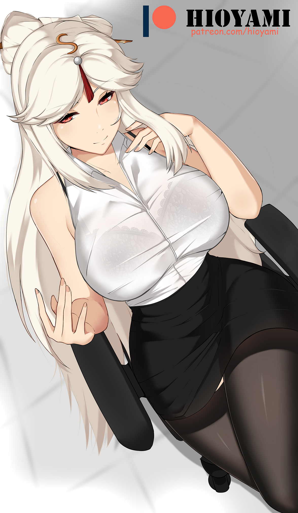 1girls, bare shoulders, bedroom eyes, big breasts, black bra, black legwear, bra, breasts, busty, chair, crossed legs, female, genshin impact, hi res, hioyami, naughty face, ningguang (genshin impact), office lady, pantyhose, red eyes, secretary, see-through, see-through clothing, sitting, skirt, smile, white hair