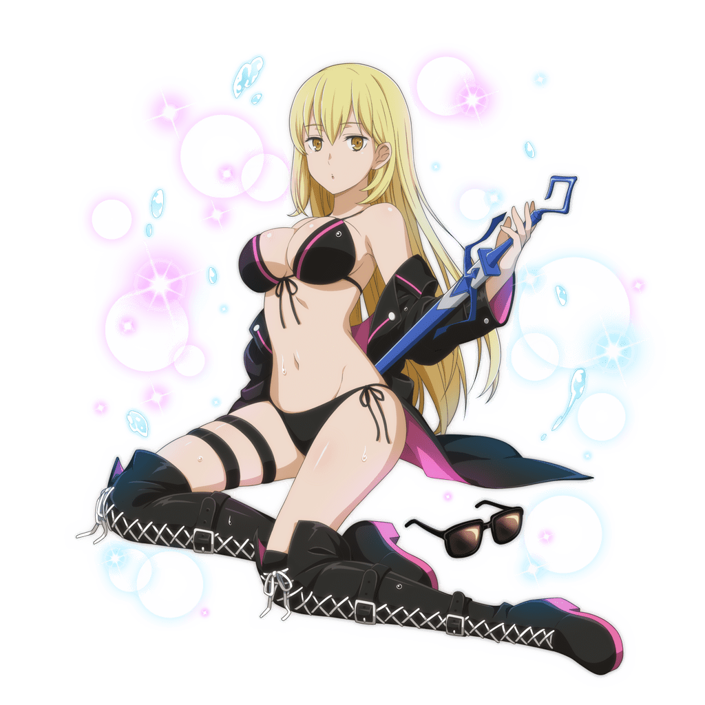 aiz_wallenstein alternate_costume bikini blonde_hair boots breasts danmemo dungeon_ni_deai_wo_motomeru_no_wa_machigatteiru_darou_ka female full_body holding_object holding_weapon jacket long_hair swimsuit sword weapon white_skin yellow_eyes