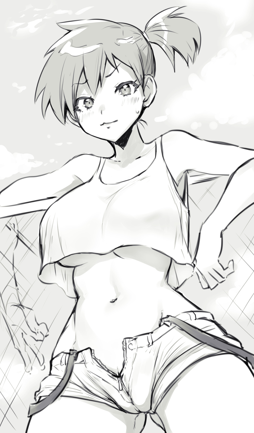 :3 abs big_breasts blush breasts huge_breasts kasumi_(pokemon) large_breasts legs monochrome pokemon pokemon_rgby pussy shirt short_hair short_shorts shorts suspenders toshiyuki vagina