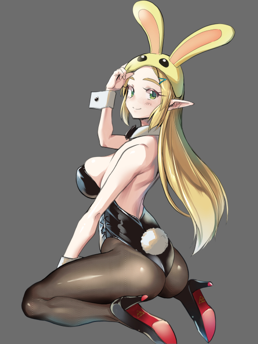 blonde_female blonde_hair breasts breath_of_the_wild bunny_hood bunny_tail clothed_female detached_collar fishnet_legwear green_eyes high_heels kneeling large_breasts latex leotard long_hair monbetsu_kuniharu nintendo princess_zelda smiling_at_viewer the_legend_of_zelda wrist_cuffs zelda_(breath_of_the_wild)