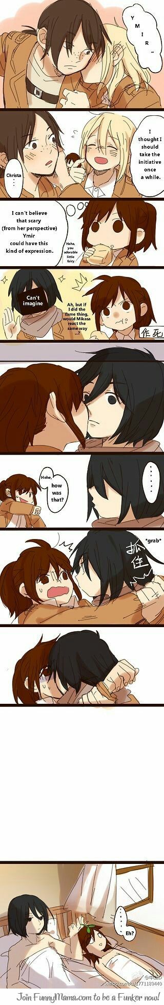 4girls, attack on titan, christa lenz, comic, english text, female, female only, funny, historia reiss, instant loss 2koma, kissing, mikasa ackerman, multiple females, multiple girls, sasha braus, sex, shingeki no kyojin, speech bubble, text, ymir (shingeki no kyojin), yuri