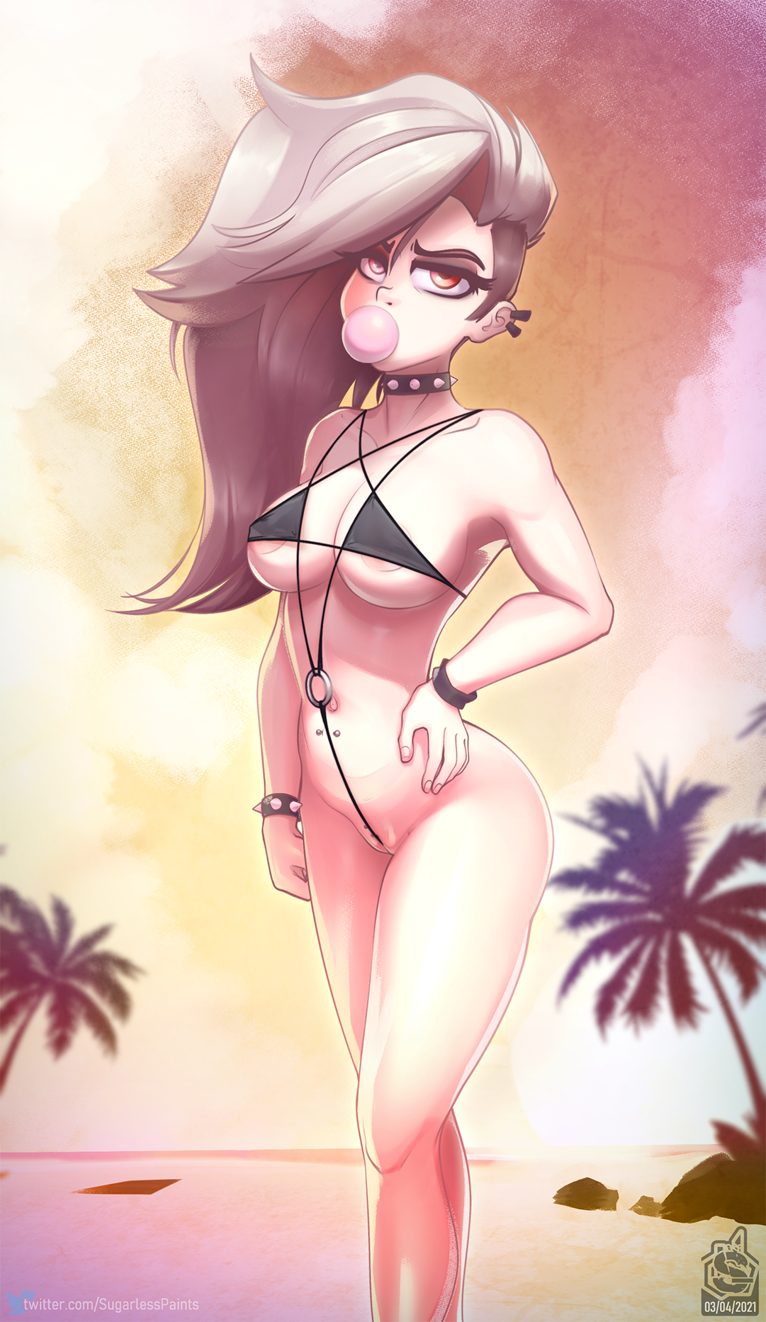 1girls, bikini, breasts, bubble gum, collar, eyelashes, female, goth, grey hair, helluva boss, human, human loona, humanized, long hair, looking at viewer, loona (helluva boss), red eyes, sidecut, solo, sugarlesspaints, vivienne medrano