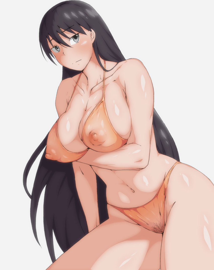 1girls, arm under breasts, azumanga daiou, bikini, black hair, blush, breasts, erect nipples, female, female only, huge breasts, large breasts, nipples, nipples visible through clothing, pubic hair, sakaki, see-through, see-through panties, swimsuit, very long hair, voluptuous, white background