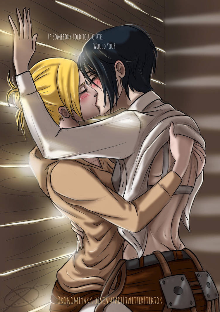 2girls, against wall, annie leonhardt, asian, asian female, attack on titan, black hair, black-haired female, blond, blonde female, blonde hair, blonde-haired female, bra strap, closed eyes, female, hidden, kissing, lesbian, lesbian kiss, lesbians, mikannie, mikasa ackerman, multiple females, multiple girls, okonomiyaky, petite, shingeki no kyojin, shirt lift, short hair, tied hair, yuri