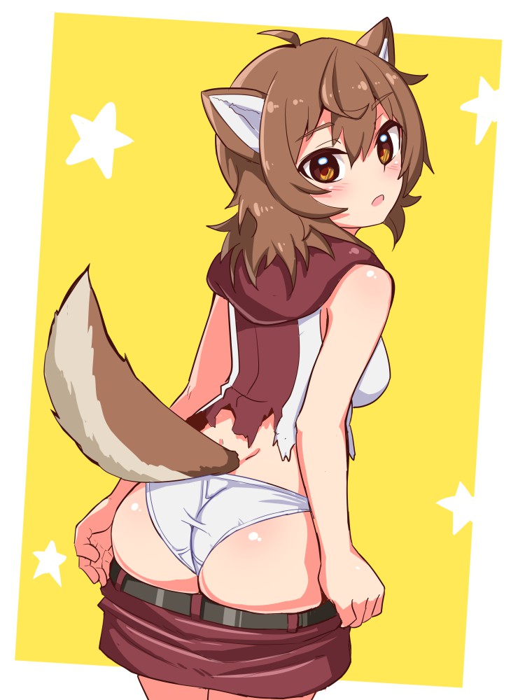 artist_request ass belt blush brown_eyes brown_hair dog_ears dog_tail dungeon_ni_deai_wo_motomeru_no_wa_machigatteiru_darou_ka liliruca_arde looking_back looking_back_at_viewer panties short_brown_hair short_hair skirt torn_shirt undressing unknown_artist white_panties