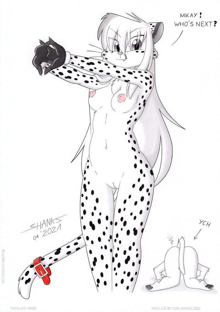 anthro ass belly breasts cheetah clothed clothing collar collar_only felid feline felis female fur genitals gloves hair handwear humor long_hair mammal navel nipples no_underwear nude paws pussy solo spots spotted_body spotted_fur tirashanks_(artist) toony vanilla_(tirashanks)