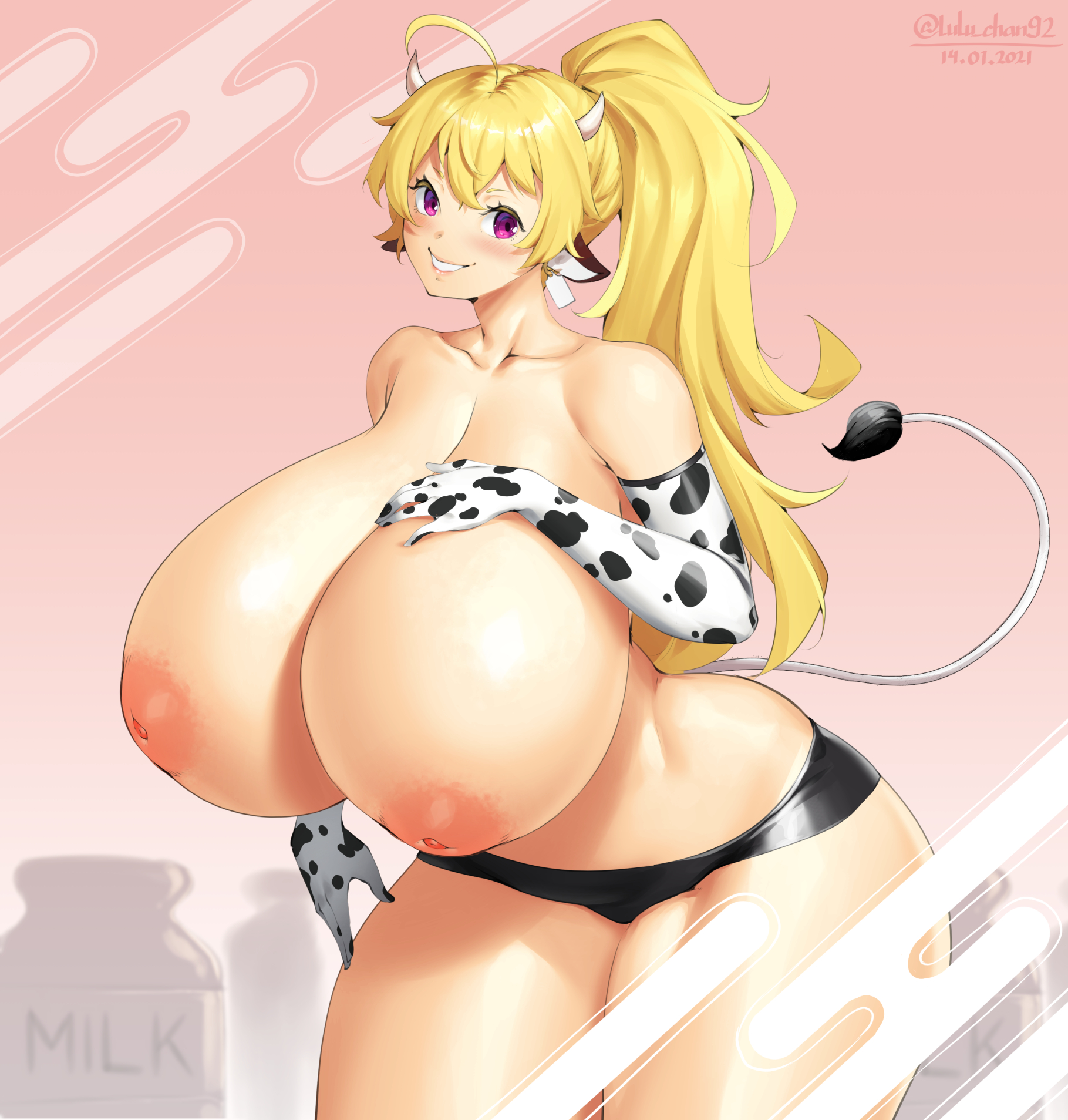 ass, blonde hair, breasts, cow girl, cow print, elbow gloves, female, happy, huge ass, huge breasts, inverted nipples, large areolae, long hair, looking at viewer, lulu-chan92, puffy nipples, purple eyes, red eyes, rwby, smile, thick thighs, wide hips, yang xiao long
