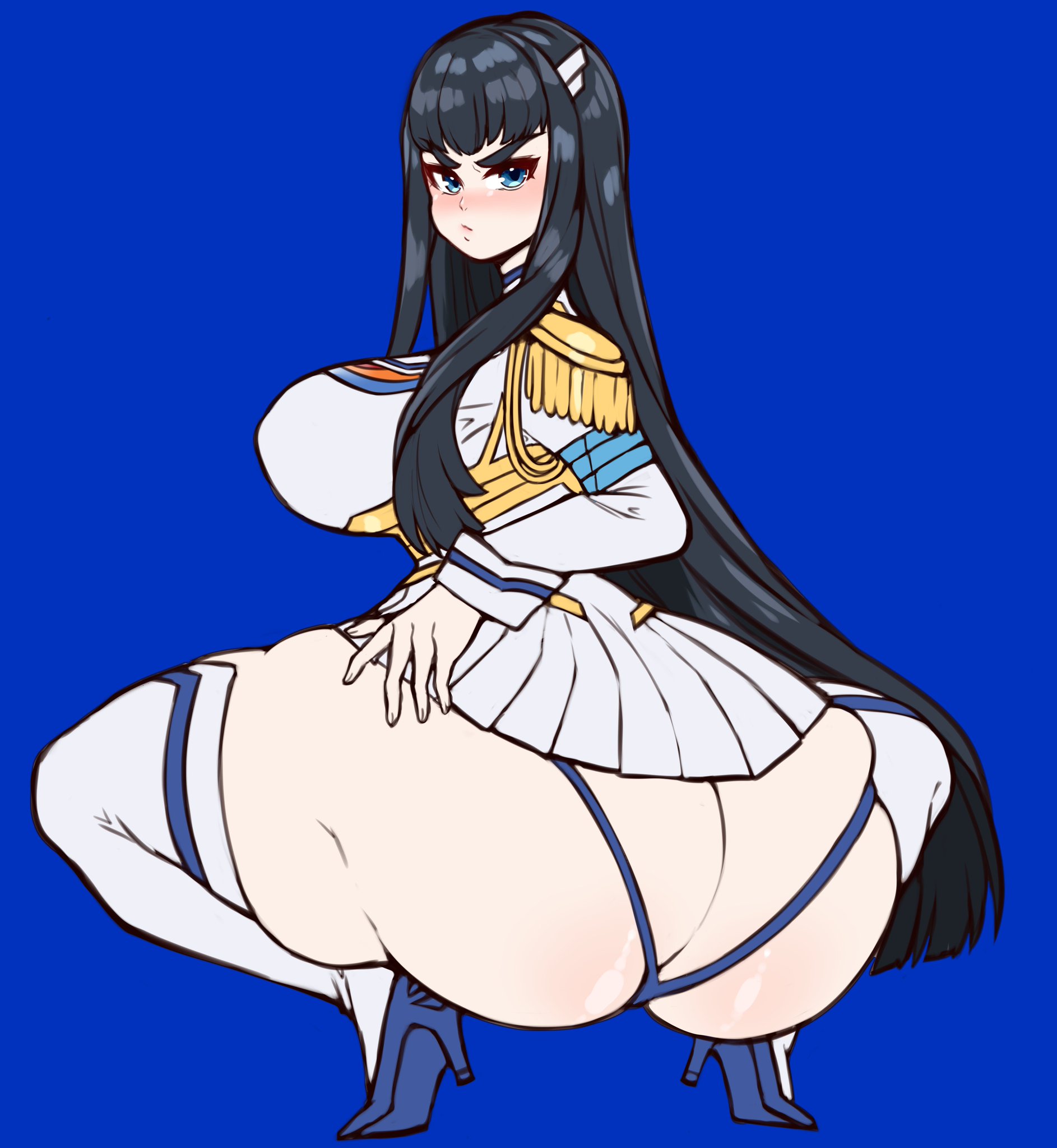 1girls, anaconda pose, angry, angry face, ass, ass cleavage, ass crack, back view, big ass, big breasts, big butt, black hair, blue background, blush, bottom heavy, breasts, broly culo, bubble ass, bubble butt, butt crack, curvy female, dark hair, embarrassed, enormous ass, fat ass, fat butt, female, female focus, female only, from behind, full body, gigantic ass, heels, high heels, huge ass, huge butt, jojoniumart, kill la kill, kiryuuin satsuki, large ass, large breasts, large butt, light skin, light-skinned female, long hair, looking at viewer, looking back, meme, microskirt, pale skin, pale-skinned female, rear view, round ass, simple background, solo, thick, thick ass, thick thighs, thighhighs, thong, very long hair, viewed from behind, wide hips