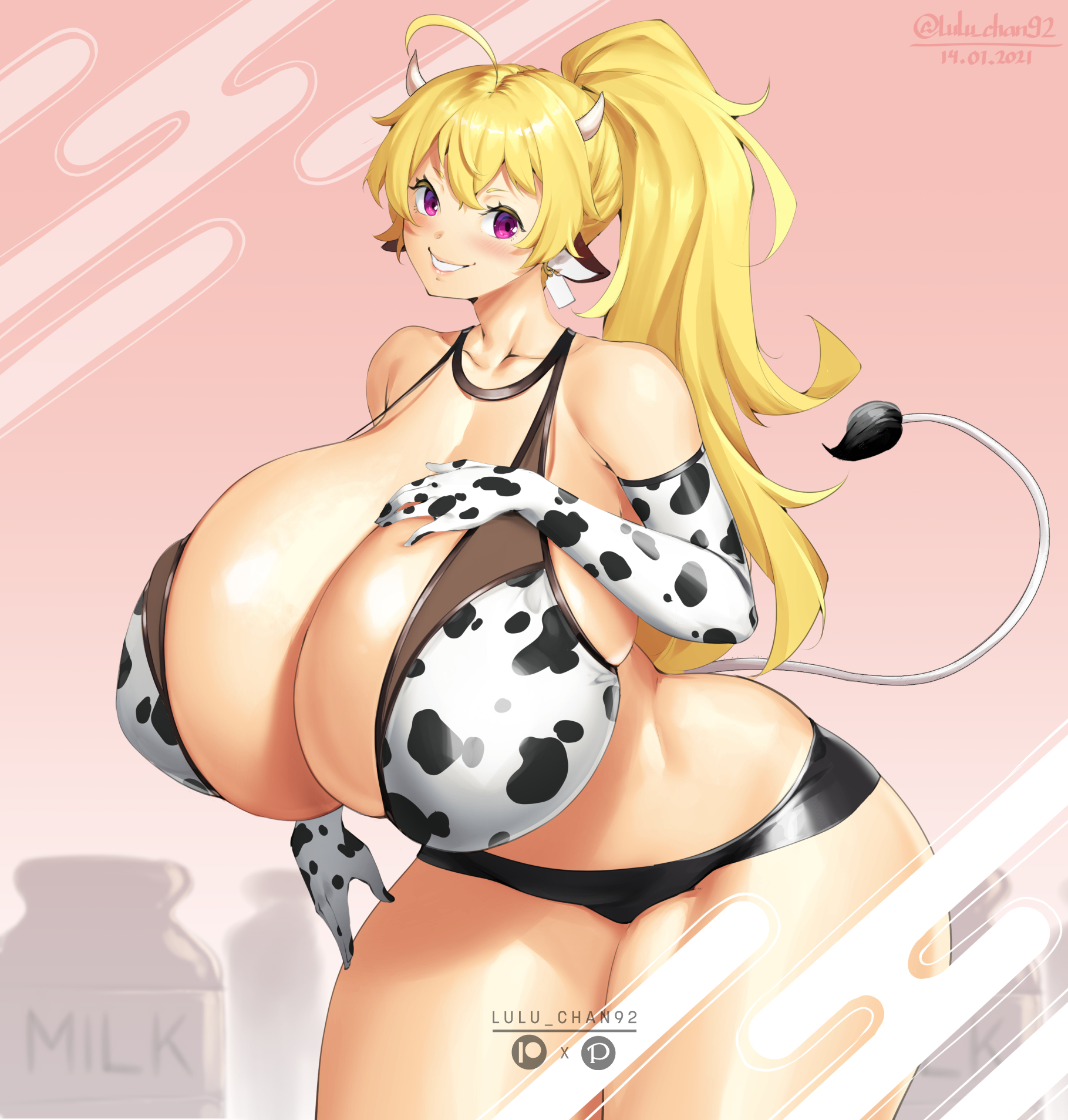 ass, bikini, blonde hair, breasts, cow girl, cow print, female, happy, huge ass, huge breasts, looking at viewer, lulu-chan92, purple eyes, rwby, smile, thick thighs, wide hips, yang xiao long