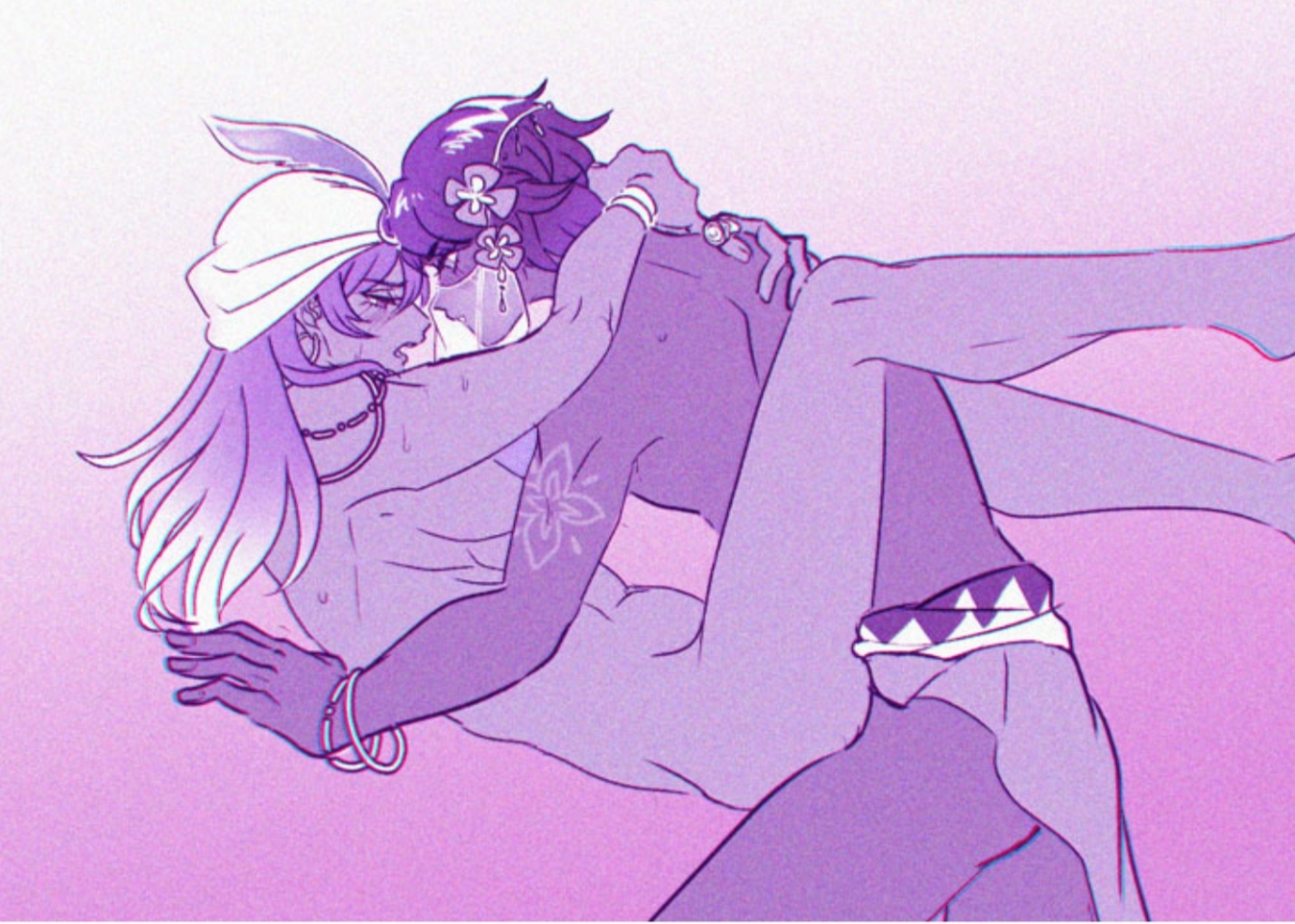 arabian clothes, blush, cookie run, dark skin, dark-skinned femboy, dark-skinned male, femboy, feminine, feminine male, gakuya0608, girly, jewelry, light skin, light-skinned femboy, light-skinned male, lilac cookie, male, male/male, missionary position, penetration, pink background, yogurt cream cookie