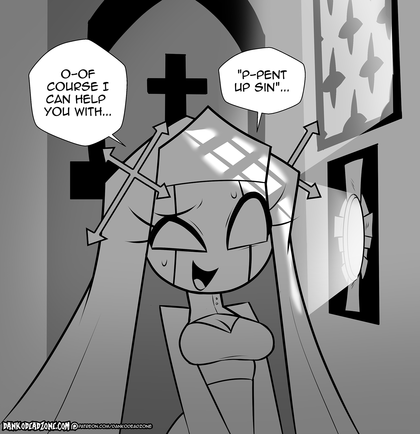 church, confession booth, dankodeadzone, demon, female, friday night funkin, glory hole, mid-fight masses, nun, nun outfit, sarvente (dokki.doodlez), succubus, sweating, through wall