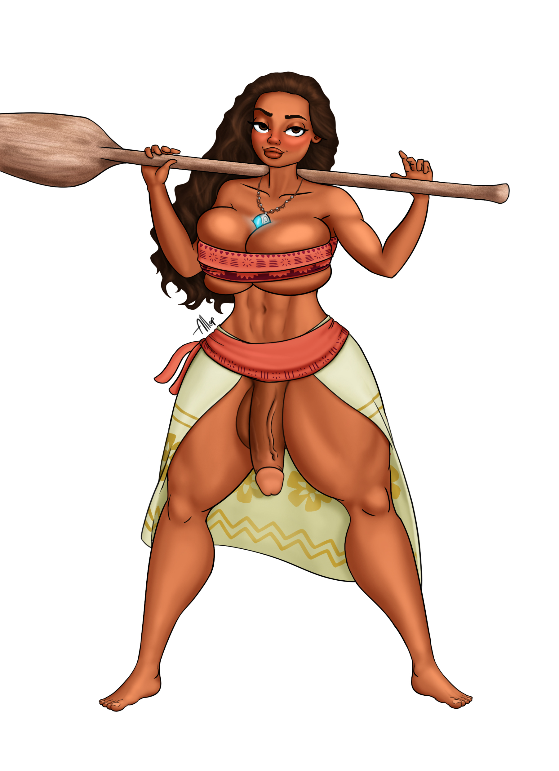 1futa, abs, allop, bandeau, barefoot, big breasts, big penis, breasts, brown eyes, brown hair, brown skin, bursting breasts, crop top, curly hair, dark skin, dark-skinned futa, disney, disney princess, flaccid, full body, futa only, futanari, hourglass figure, huge breasts, huge cock, intersex, looking at viewer, moana, moana waialiki, navel, partially clothed, penis, pinup, solo, thick lips, thick thighs, tight clothing, white background