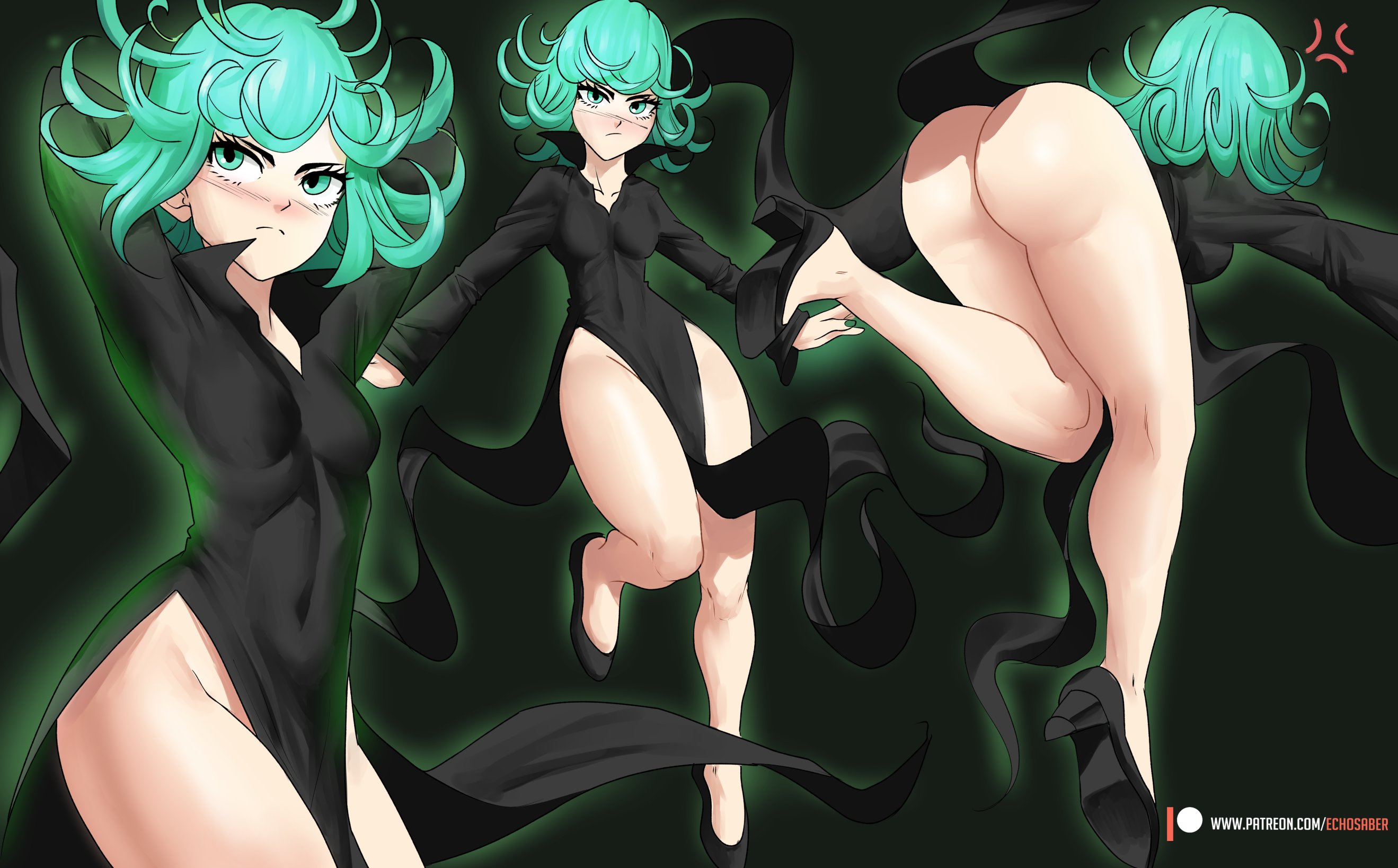 1girls, 2021, ass, black background, black dress, bottom heavy, dress, echosaber, female, female only, frown, green eyes, green hair, hi res, no panties, one-punch man, pelvic curtain, short green hair, shounen jump, skinny, sole female, solo, solo female, tatsumaki, upskirt