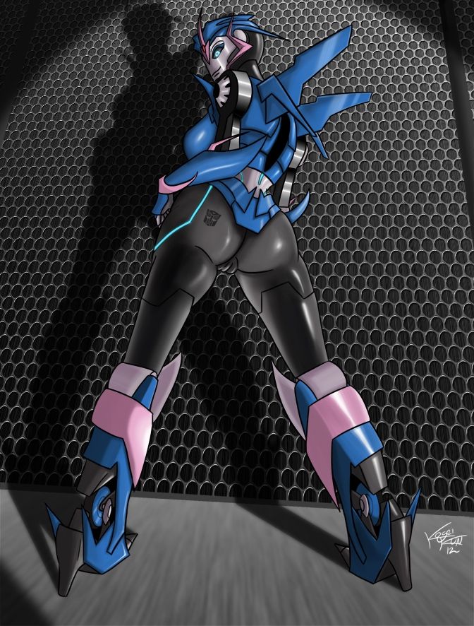 1girls 2d 2d_(artwork) arcee arcee_(prime) artist_logo ass autobot_insignia back_view blue_eyes built-in_high_heels color colored female female_only high_heels kogeikun looking_at_viewer looking_back pussy rear_view robot robot_girl solo tagme transformers transformers_prime vagina