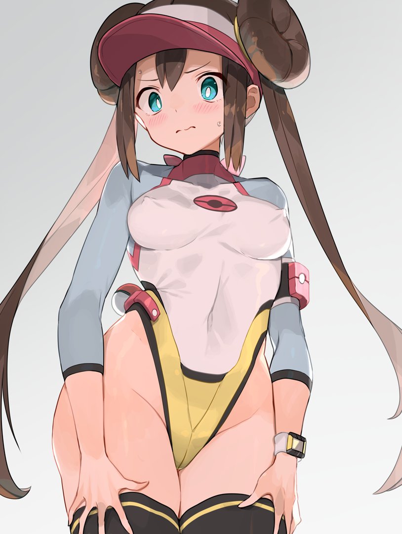 belt, big breasts, blue eyes, blush, breasts, clothing, electronics, female, female only, hand on thigh, human, large breasts, long hair, nintendo, pale skin, pokemon, rosa (pokemon), socks, spring2013, thick thighs, thighs, wristwear