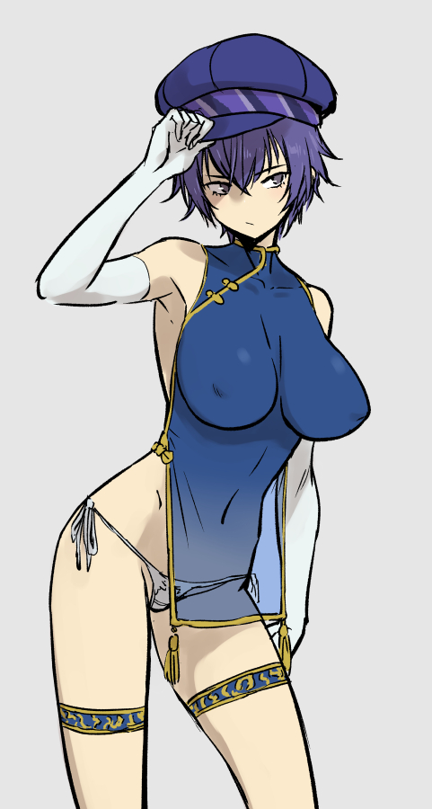 1girls, arm gloves, artist request, atlus, blue hair, breasts, clothing, female, frown, gloves, human, large breasts, persona, persona 4, see-through clothing, shirogane naoto, short hair, solo