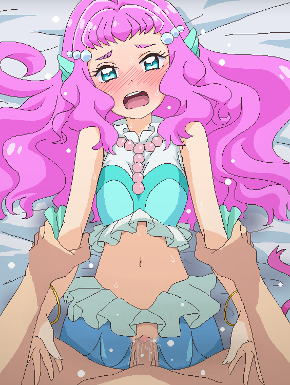 1boy 1boy1girl 1girls arm_grab blue_eyes blush bracelet censored clothed_sex clothing female head_fins jewelry laura_(precure) laura_la_mer long_hair lying mermaid mermaid_pussy midriff monster_girl mosaic_censoring navel on_back open_mouth penis pink_hair precure pretty_cure sex small_breasts solo_focus straight sweat tomu_(tomubobu) tropical-rouge!_precure