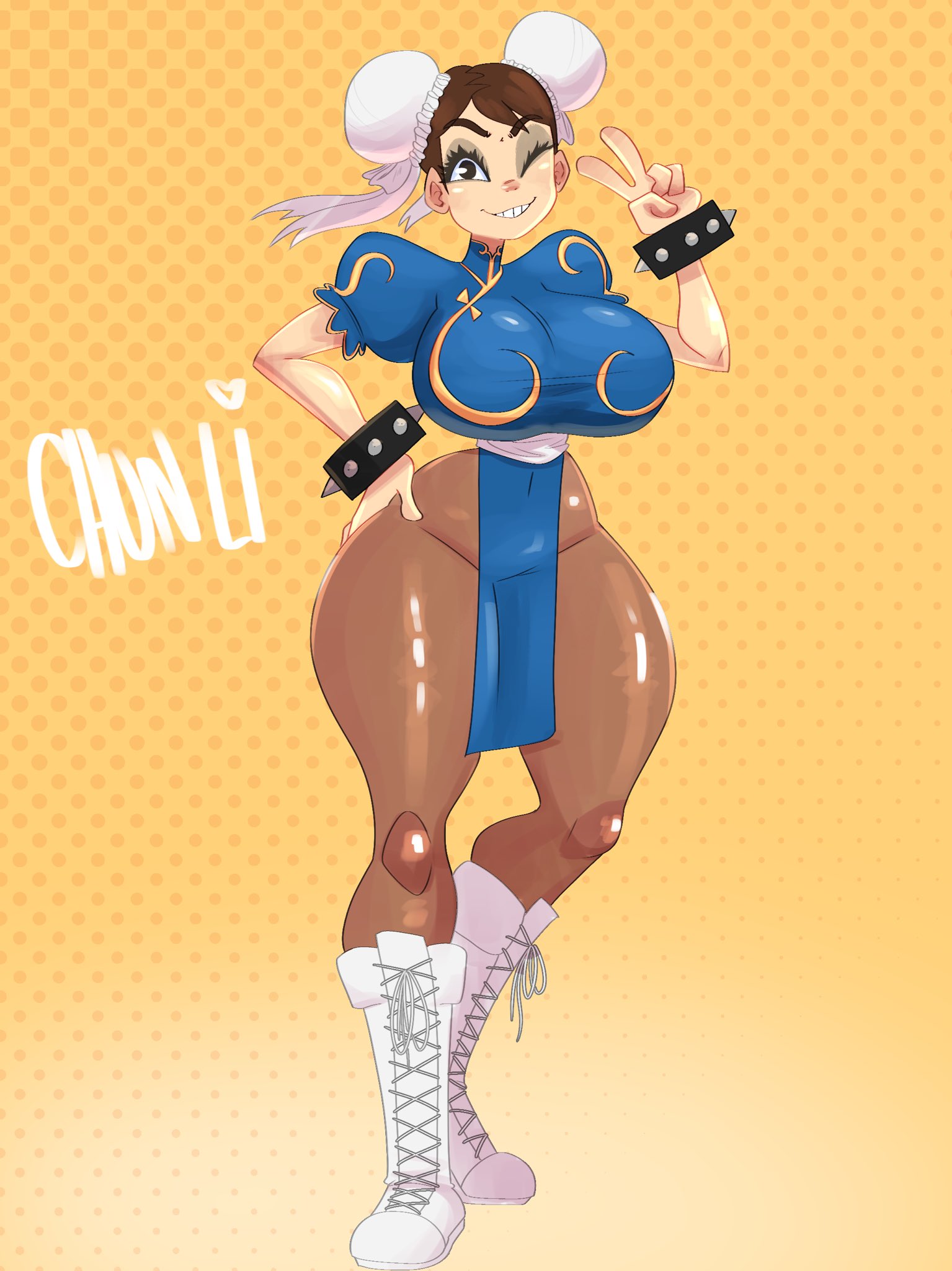 ass, big ass, big breasts, breasts, chun-li, curvaceous, female, female focus, female only, jack cayless, pantyhose, peace sign, pinup, street fighter, thick thighs, voluptuous, wide hips, wink