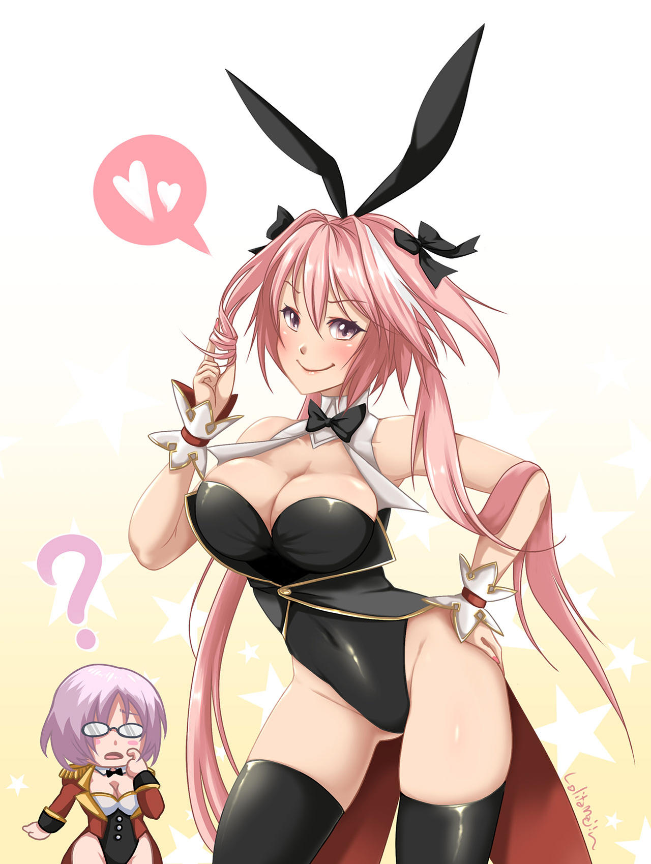 2girls ? astolfo_(fate) big_breasts blush bunny_ears bunnysuit cleavage confused fate/apocrypha fate/grand_order fate_(series) glasses hair_ribbon hair_twirling hand_on_hip hips mash_kyrielight multiple_girls pink_eyes pink_hair rule_63 short_hair smug surprised thighhighs