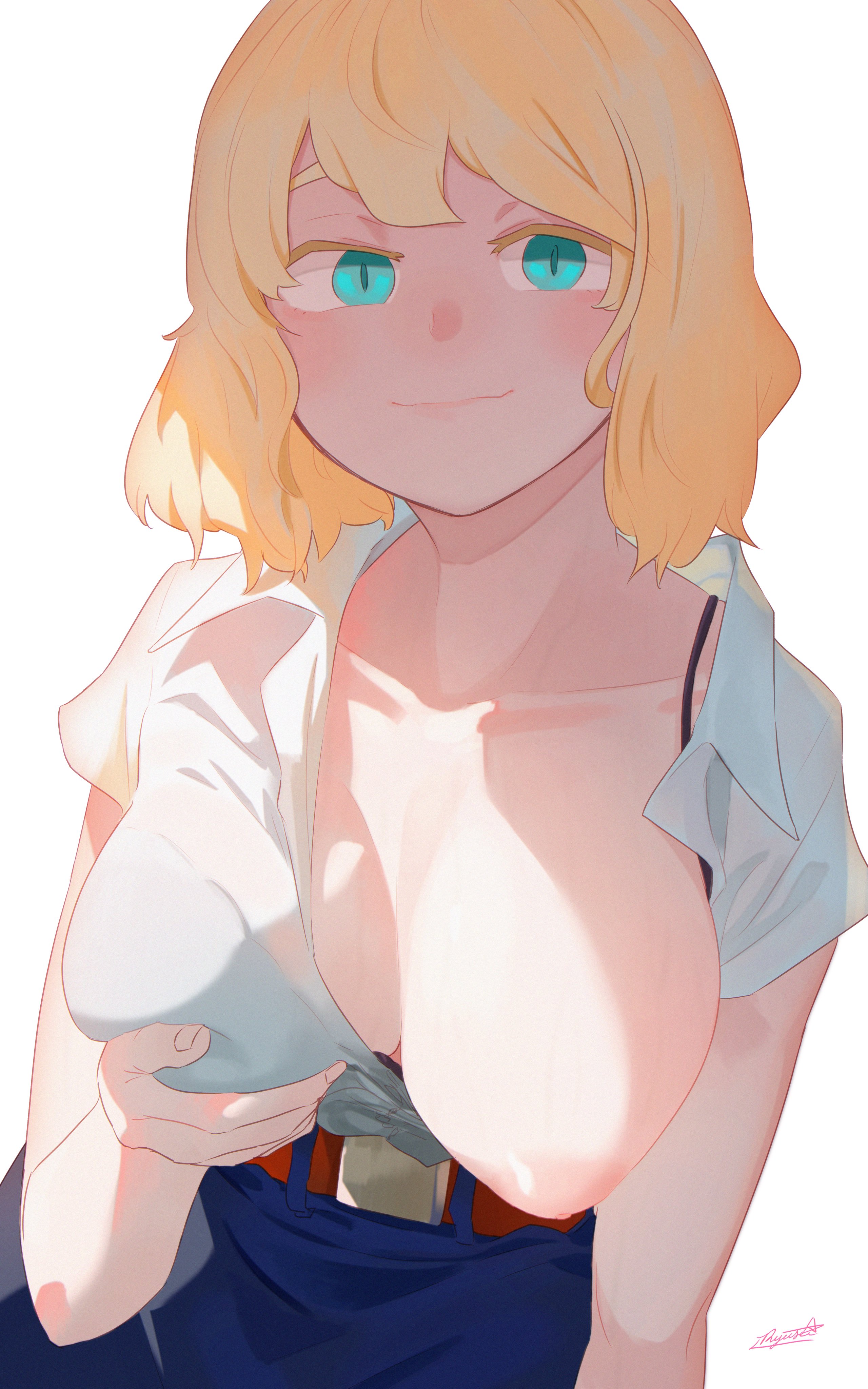 absurdres, arm at side, belt, blonde eyelashes, blonde female, blonde hair, blue eyes, blue sky, bra, breast lift, breasts, closed mouth, collared shirt, colored eyelashes, female, hanging breasts, highres, large breasts, looking at viewer, nipples, one breast out, open clothes, open shirt, original, red belt, ryusei hashida, shirt, signature, simple background, sky, solo, underwear, white background, white shirt