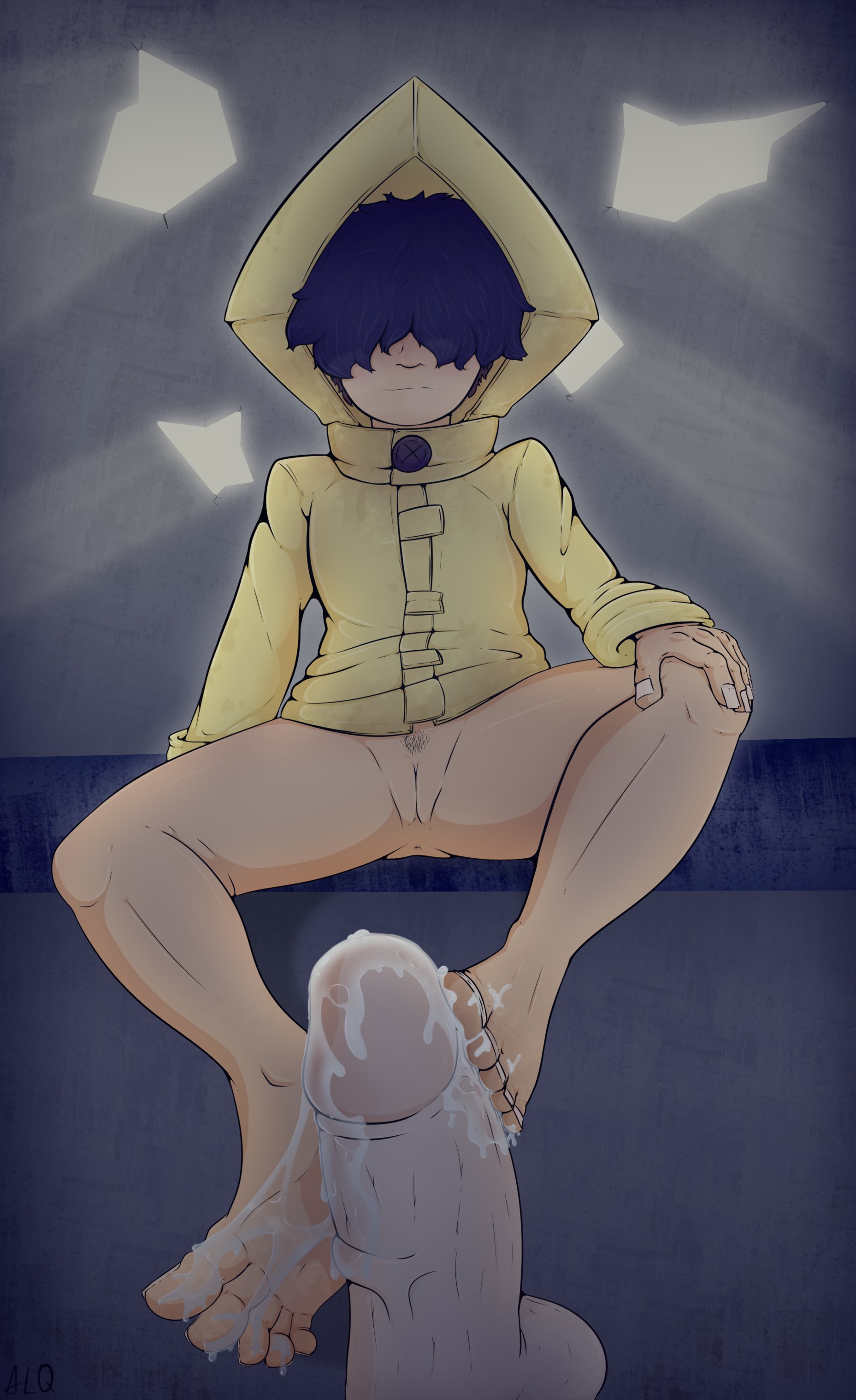 1boy, 1girls, barefoot, cum, cum between toes, cum on feet, feet, female, foot fetish, footjob, hair covering eyes, jacket, legs up, little nightmares, male, male/female, outerwear, pov, raincoat, six (little nightmares), toes
