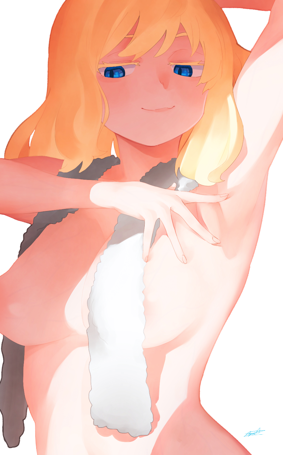 areola_slip areolae arm_up armpit_spread armpits blonde_female blonde_hair blue_eyes breasts female highres large_breasts long_hair medium_breasts nude original ryusei_hashida simple_background smile solo spread_armpit towel towel_around_neck white_background