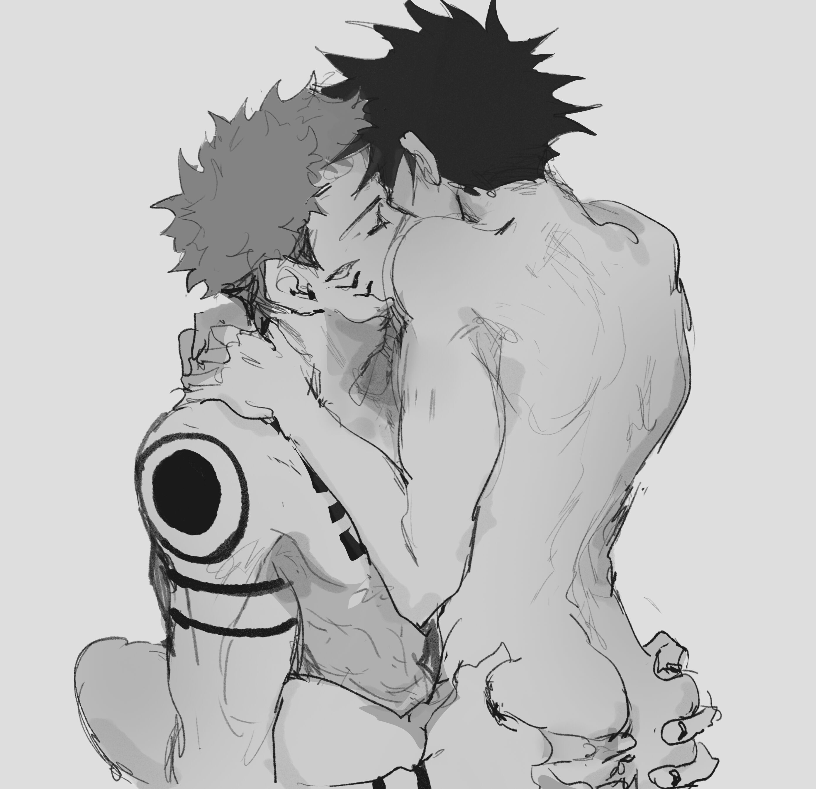 140wwwei, 2boys, anus, arm tattoo, ass, ass grab, back, closed eyes, completely nude, couple, facial tattoo, fushiguro megumi, grabbing another's ass, groping, jujutsu kaisen, kissing, male, male focus, male only, male/male, monochrome, multi eye, multiple boys, multiple males, nude, ryoumen sukuna (jujutsu kaisen), short hair, shoulder tattoo, spiked hair, tattoo, undercut, yaoi
