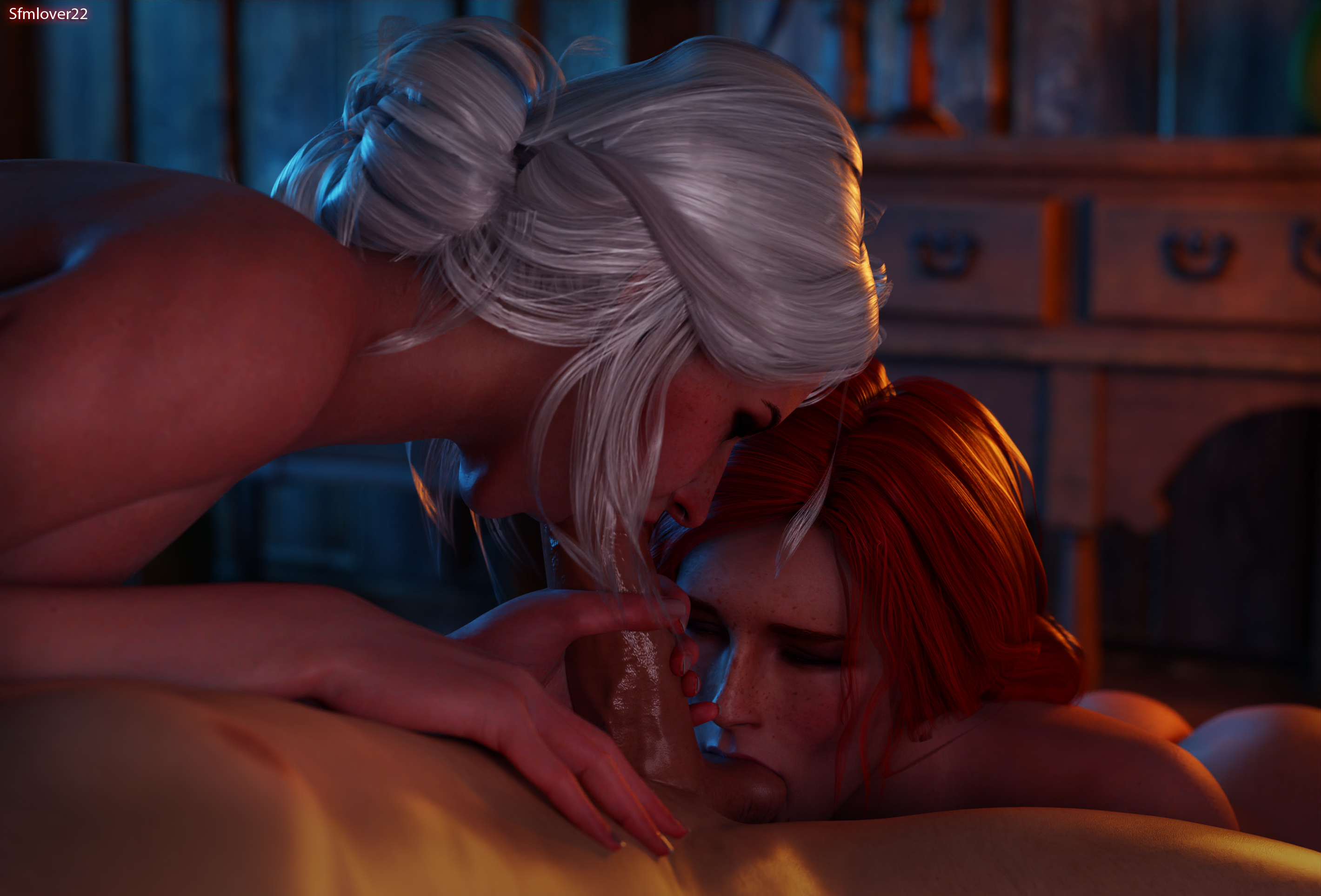 1boy, 2girls, 3d, 69, 69 position, balls, balls sucking, blowjob, cd projekt red, ciri, collaborative fellatio, fellatio, female, male, multiple females, multiple girls, oral, oral sex, penis, sfmlover22, sucking balls, sucking testicles, teamwork, testicles, the witcher, the witcher (series), the witcher 2, the witcher 3: wild hunt, triss merigold