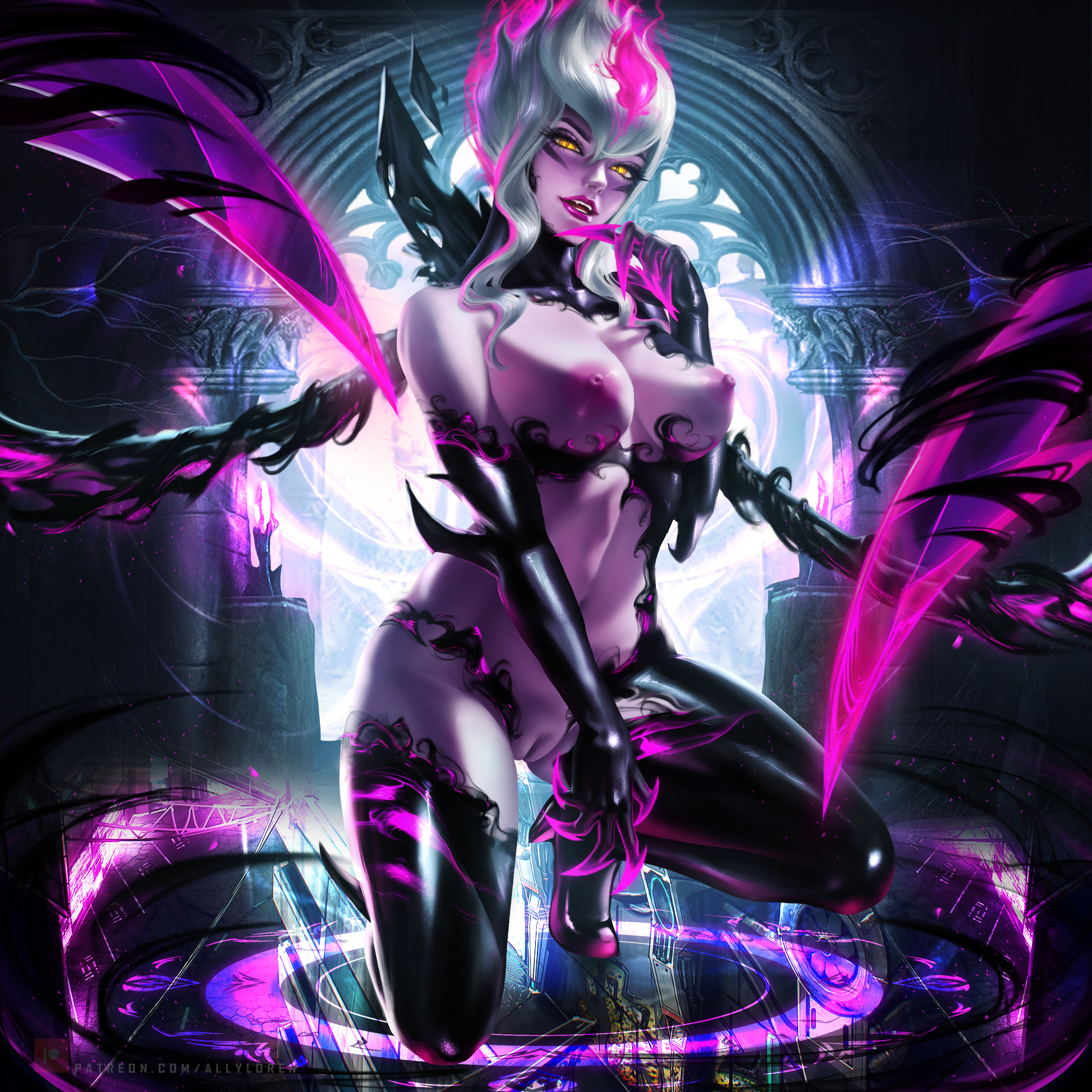 ally loren, big breasts, breasts, claws, demon, demon girl, evelynn, female, league of legends, monster girl, no eyewear, purple skin, pussy, realistic, shaved pussy, succubus, tight pussy